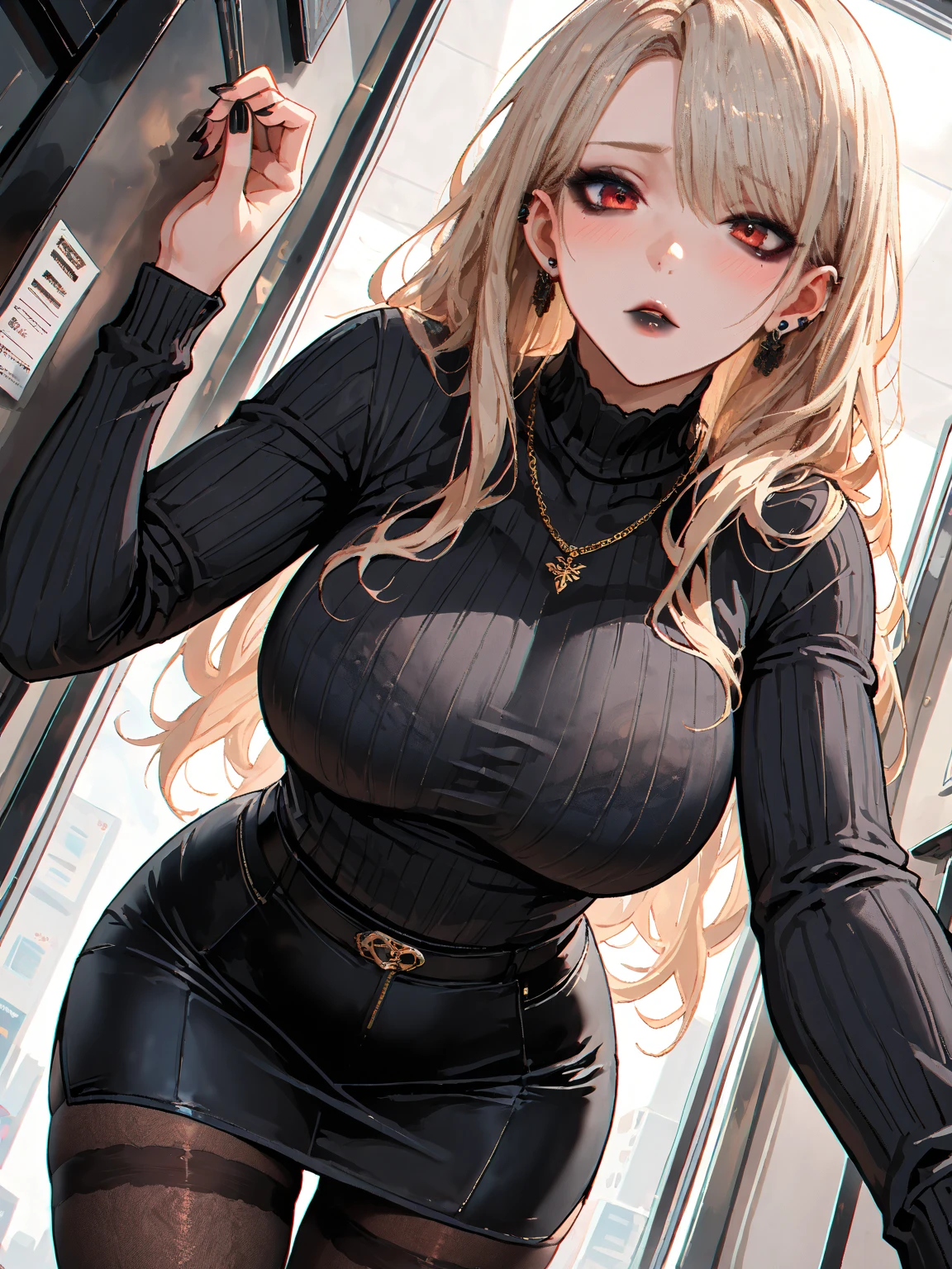 Blonde hair girl with red eyes and bog breast