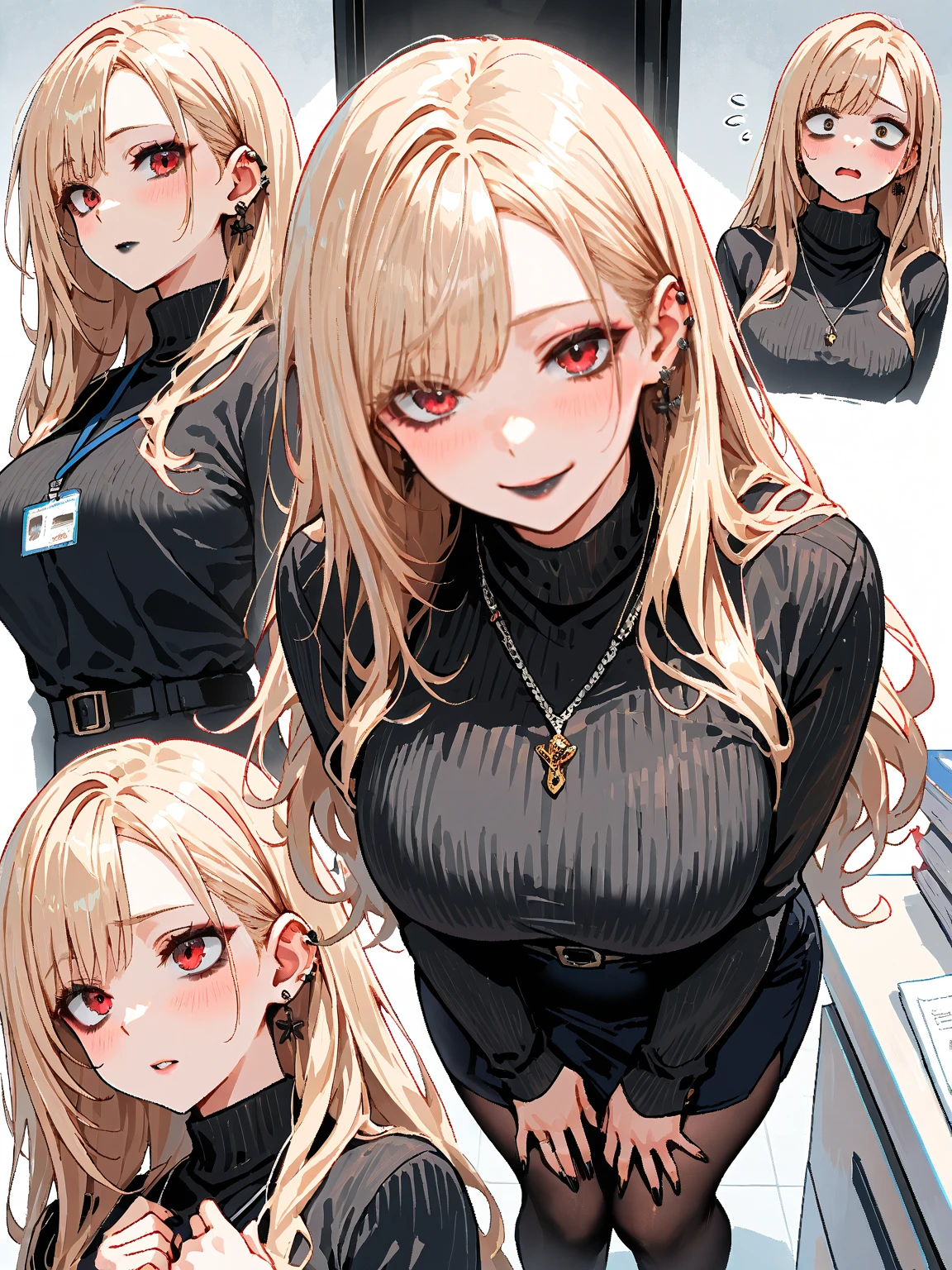 Comic storyboard,A creature taken from all men's dreams,Sexy,camel-toe,Thin gaps,female bodies, Shark teeth, Multiple sticky outer limbs, There is a bright halo on the head, Red eyes,In a space full of psychedelic patterns,轴对称,Enchanted look,Long hair,femdom,anatomy correct