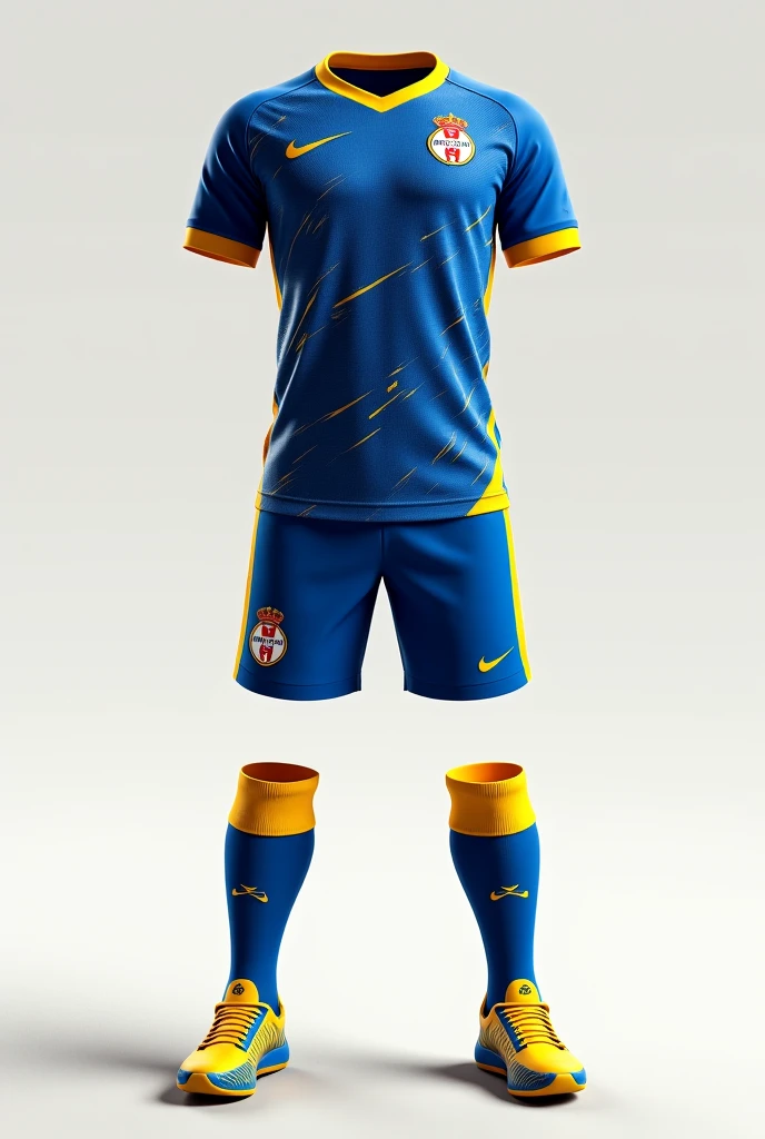 create a uniform for a football team called IPASEP where the predominant colors are Blue and White, The uniform should be white with blue and gold details, with white shorts with blue and gold details