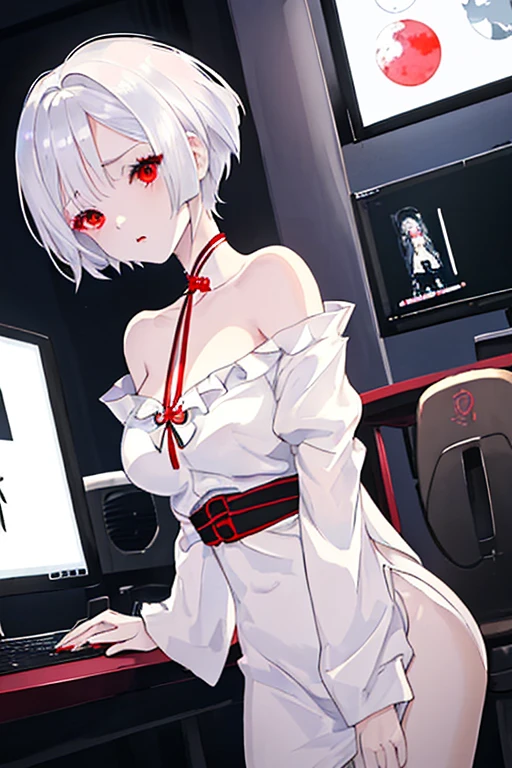 Masterpiece, Best quality, illustration, Science fiction, Black and red theme, 1girll, looking down at viewer, Skinny, Delicate messy gray hair, Glowing red eyes, Black tech jacket, black facemask, Wire, Cable, (The light from the back window is backlighted),huge tit,(Breast nudity:1.3),catss,Pink tits,Classroom,orderliness,Sit upright,(many people around:1.2)