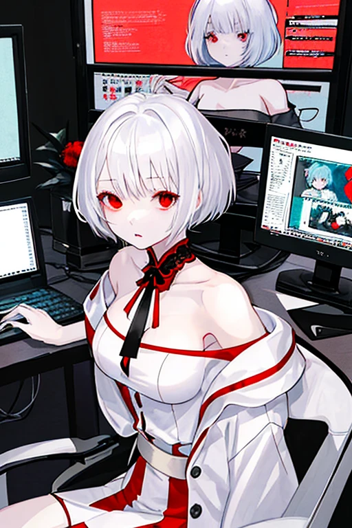 Masterpiece, Best quality, illustration, Science fiction, Black and red theme, 1girll, looking down at viewer, Skinny, Delicate messy gray hair, Glowing red eyes, Black tech jacket, black facemask, Wire, Cable, (The light from the back window is backlighted),huge tit,(Breast nudity:1.3),catss,Pink tits,Classroom,orderliness,Sit upright,There are many people around