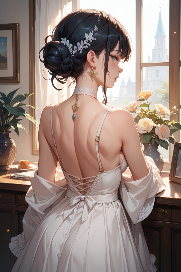 (A masterpiece of image quality in 8K),(Beautiful Allafed Woman),(((emphasizing breasts:1.3))),(Dynamic angles),(Dynamic and sexy bending pose:1.3),(sit a chair:1.3),(Short hair in shiny silver and orange inner colors,large full breasts,Disturbance of clothing due to movement,breast slip,(Ponytail twisted buns adorned with elaborate braids and beads,Braided Setup Fishbone Hair,),(see-through bangs),Huge breasts、(((A white lace apron that shows your bare skin from under your big breasts.......)))、Blush with embarrassment、Enraptured eyes、A smile that beguiles the viewer、(Look back:1.7)、Look into the photographer,skin glistening with sweat,gazing at viewer,,(Professional Lighting),(8K,masutepiece,top-quality,Ultra-high resolution output image,),(Ultra HD with complex detail image modes),depth of fields,Beautiful hands,Beautiful fingers,Detailed finger features,(Detailed hair features:1.7),detailed facial features,detailed clothes features,
