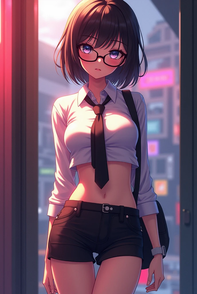 Magia realista de uma mulher  com short , cabelo grisalho, wearing glasses, vestindo um moletom preto, expression of fear, standing, setting up a night office, night buildings in the landscape through the window is in shorts is bras 