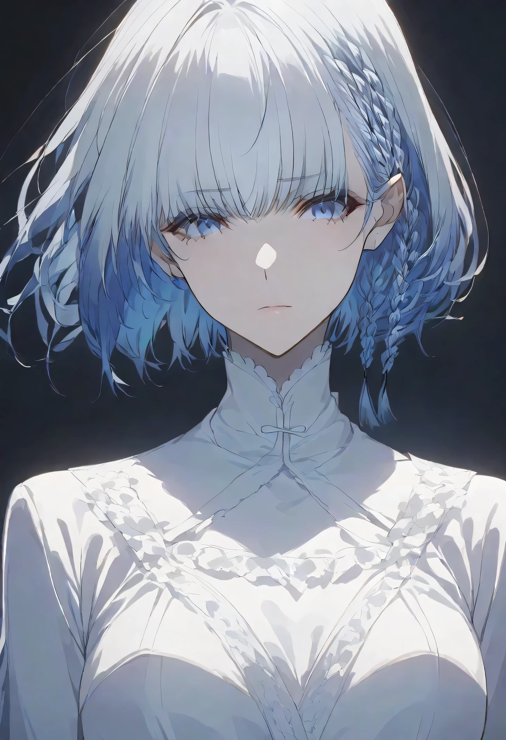 真夜中,negative,beta,straight hair,short hair, blue 瞳, braid, grey hair,solo,black background,大きな目,