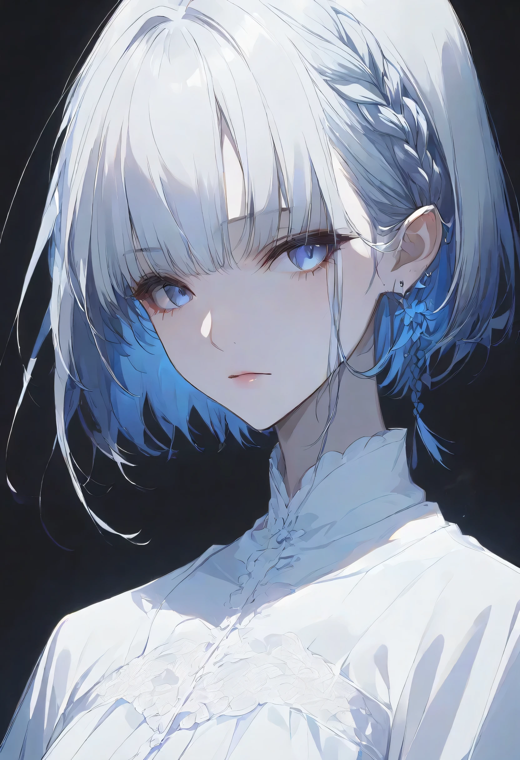 真夜中,negative,beta,straight hair,short hair, blue 瞳, braid, grey hair,solo,black background,大きな目,