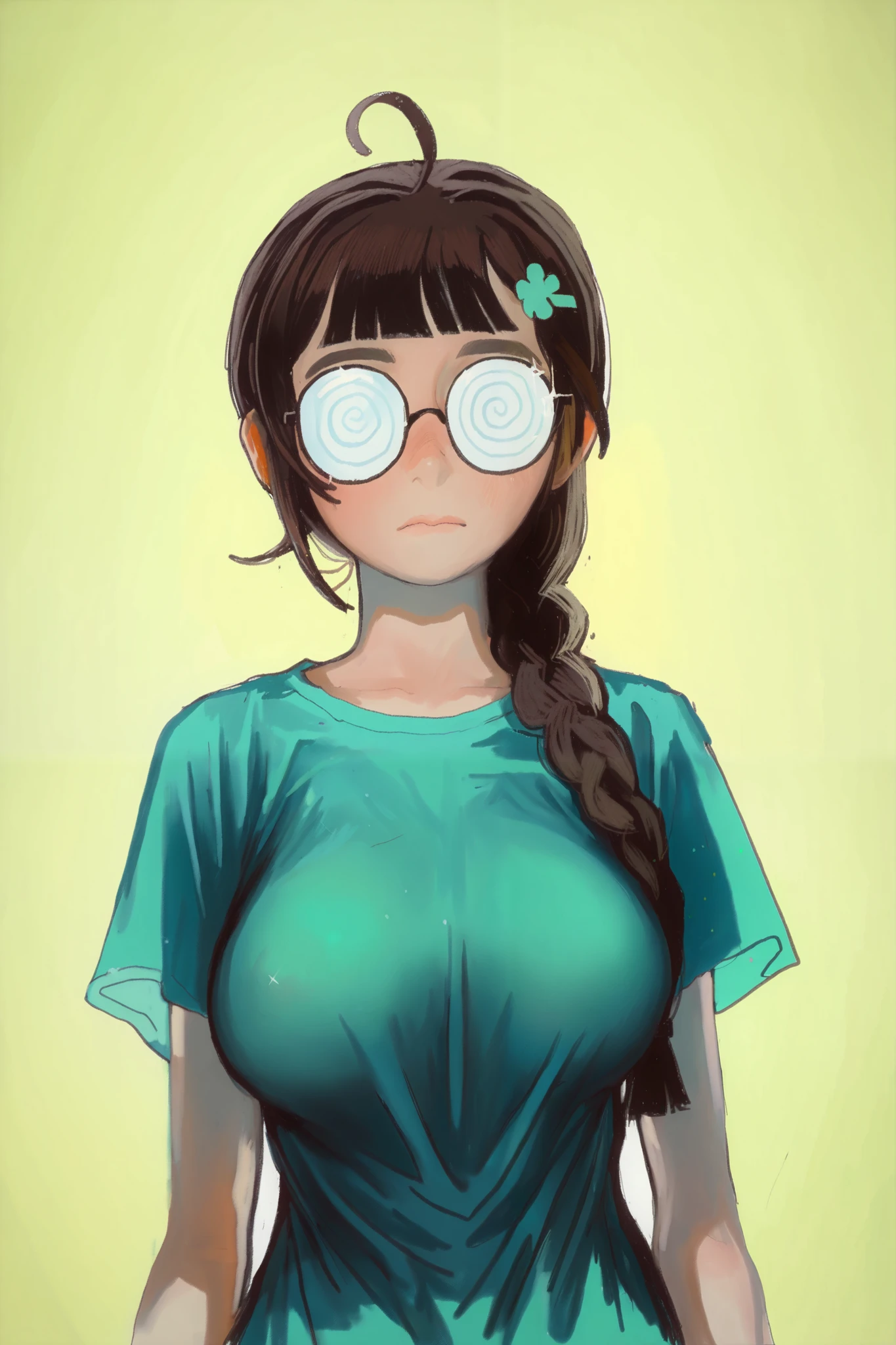 HDR, 8K, high contrast, masterpiece, best quality, amazing quality, very aesthetic, painting artstyle, realistic, newest, hyperdetailed painting, brushstrokes, digital painting, by mossacannibalis
BREAK
bounce light, hyperdetailed, detailed hair strands, detailed fibers, aesthetic, 8k wallpaper, detailed, masterpiece, best quality, amazing quality, very aesthetic, absurdres, 8K,masterpiece, great colors, color theory, great lighting, great composition, flawless. 1girl, solo, breasts, blush, T-shirt, large breasts, brown hair, hair ornament, ahoge, braided hair. Single braid, Blunt bangs. Long side bangs, short sleeves, hairclip, green glass rims :I, face focus, round eyewear, @ @, opaque glasses, coke-bottle glasses. , sparkle, portrait,vibrant colors, contrasting colors