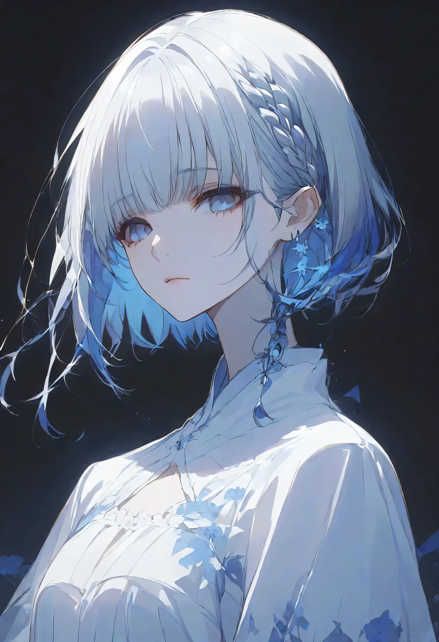真夜中,negative,beta,straight hair,short hair, blue 瞳, braid, grey hair,solo,black background,大きな目,