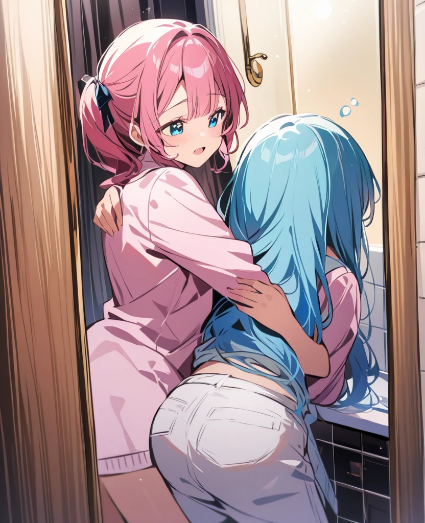 Sword Art Online Asuna Miyuki she is sheathing her sword in combat stance, best qualityer, High definition, super resolution, 4K, full hd e18, 1 girl, standing alone, aretes, make-up, jewerly, super short transparent white dress, open blue vest, transparent black pantyhose, mine pink bra with x-shaped straps, sensual neckline , black miniskirt a little high , transparent black long sleeves, Pink micro panties marking her tight, well-defined and well-detailed pussy, swollen with lust, medium to small breasts, well defined and well detailed, extremely sexy, Street, Waist slender, tummy, out, Off The Shoulder, she is on all fours with her back to the viewer leaning forward with her legs open showing off her sexy ass, (back view of hair),all-body, Spread your legs),((transparent clothes 2)) (((excessive sweat))), blushing with lust ((extremely excited)), pussy dripping with juices, generate realistic and perfectionist image in the smallest details