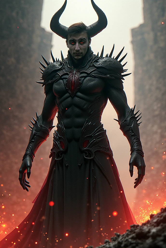 Make a blonde man with black pants and black boots, wearing a robe and no shirt, who has red demonic symbol tattoos