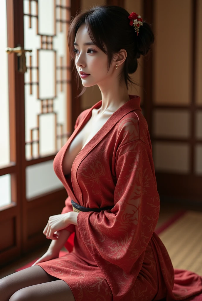 ulzzang -6500-v1.1,(Raw foto:1.2),((Photorealsitic:1.4)),top-quality,​masterpiece, illustratio, extremely delicate and beautiful, extremely details CG,Unity,8k wallpaper, astonishing、finely detail, Official art,absurderes, Incredibly ridiculous, huge filesize, ultra-detailliert, hight resolution, (Raw photo, Best Quality, Mastery:1.2), (Realistic, Photorealsitic:1.4), (masuter piece:1.4), (Best Quality:1.4),1girl in、Cowboy Shot, 独奏、looking at the viewers、black eyes、A dark-haired、hair adornments、Komono、Kimono、makeups、lipsticks、hair stick、perfectly proportions、Perfect growth、quite winding、爆乳、big breasts thin waist、nabel、Crotch gap、The thighs are raw、Red kimono、Kanzashi、layered clothes、Art Parody、Glossy, Bewitching,