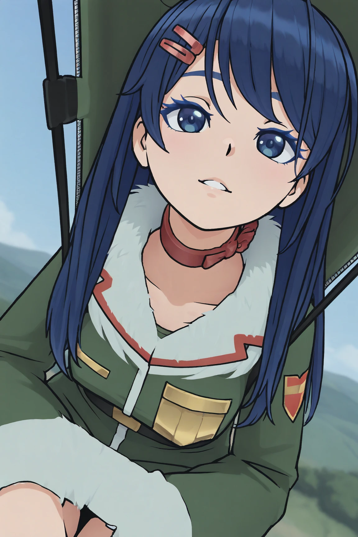 highres, hi res, best quality, masterpiece, 2d, intricate details, 4k, anime coloring, shadow, uncensored,
1girl, solo, female, eyelashes, nose, long hair, bangs, blue eyes, hair ornament, blue hair, hairclip, red choker , outdoors, open skies , sky background , paratrooper, paratrooper uniform , on parachute, deploying ,depth of field,