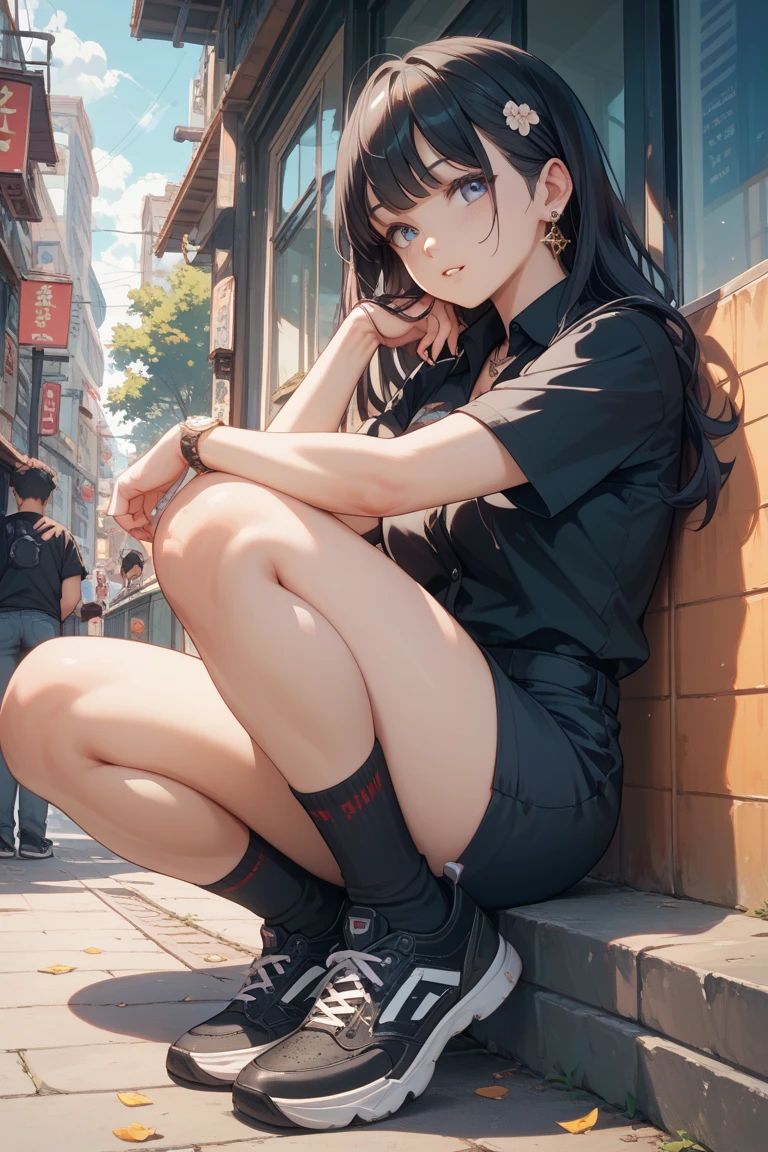 The cute girl ((leans down:0.5)), ((side view:0.5))