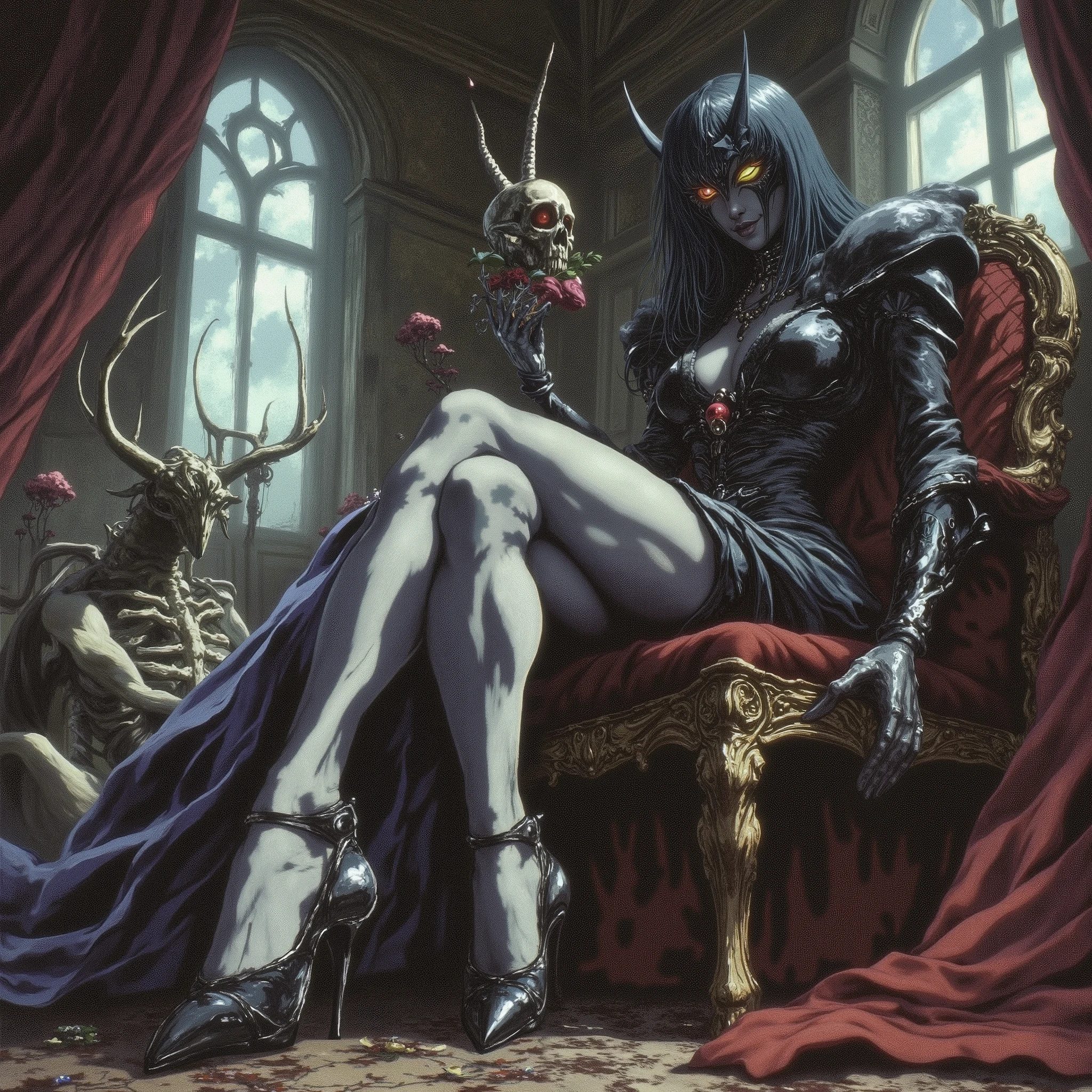 A low-angle perspective digital painting of a young woman Woman in profile with a bird mask of the plague doctor on her face wearing a baroque dress in her hands she holds the skull of a deer and mushrooms and flowers are coming out of it, baroque room and a skeleton fox on a bed
with flowing, black hair that covers one eye, sitting on a chair with her legs crossed. The viewpoint is from below, drawing attention to her black high heels, particularly emphasizing the graceful arch of her foot. She wears a black leather jacket and a short skirt, exuding both elegance and authority. The background consists of a bright room with large windows, where natural light accentuates the softness of her skin and the polished sheen of her shoes. The image blends elements of femininity and strength, with a modern and sophisticated atmosphere.