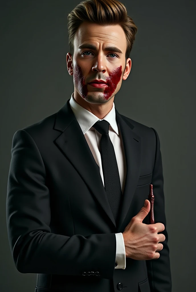 A man in a suit is standing with his head down and blood pouring from his face 