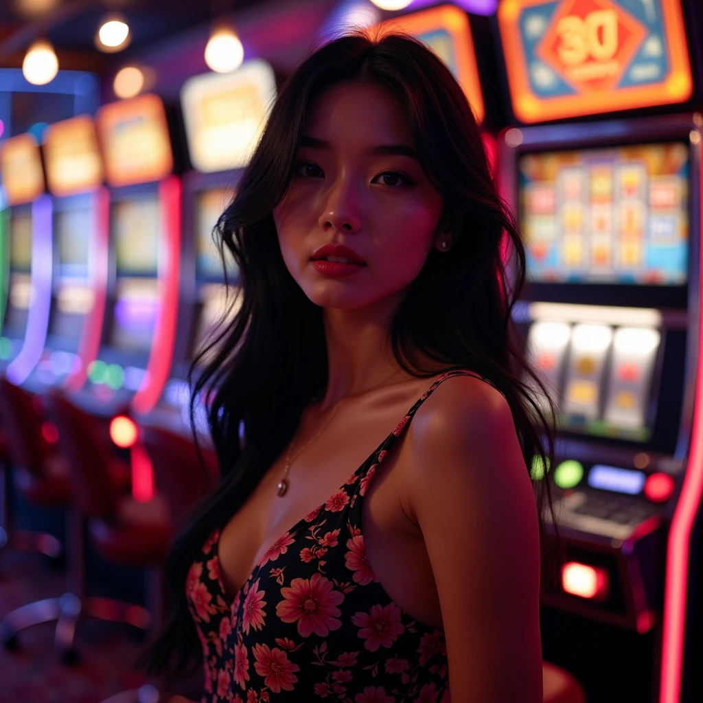 ((Highest quality、8k resolution、Masterpiece、Portraiture:1.3)), Photorealistic, organize, 35mm film, Naked Japanese Women, Beauty, Age 27, (Arcade: 1.3), Cluttered background, Spread your legs, Lots of arcade machines, Dark Background