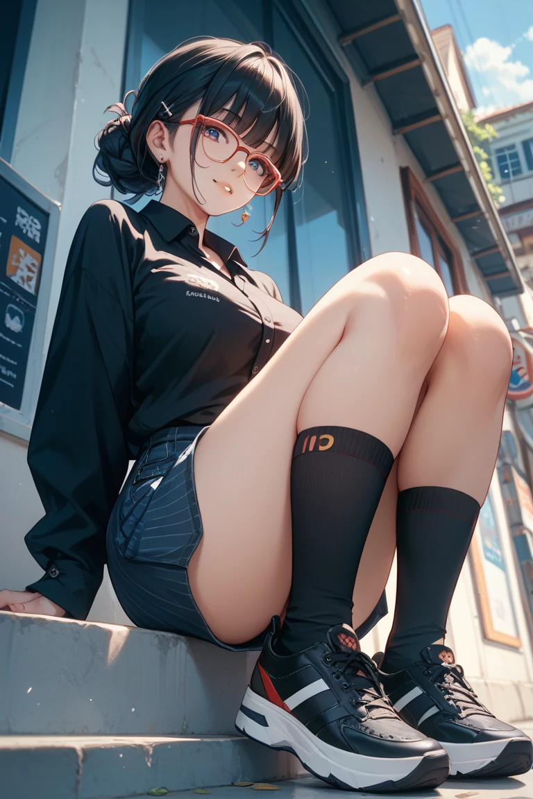 1girl, solo, full body, (masterpiece:1.21), (best quality:1.2), colorful, (illustration:1.2), (cinematic lighting:1.1), (spread legs:1.1), small girl, short skirt, open blouse, smiling, in a City park, backpack on her back, holding a book, glasses