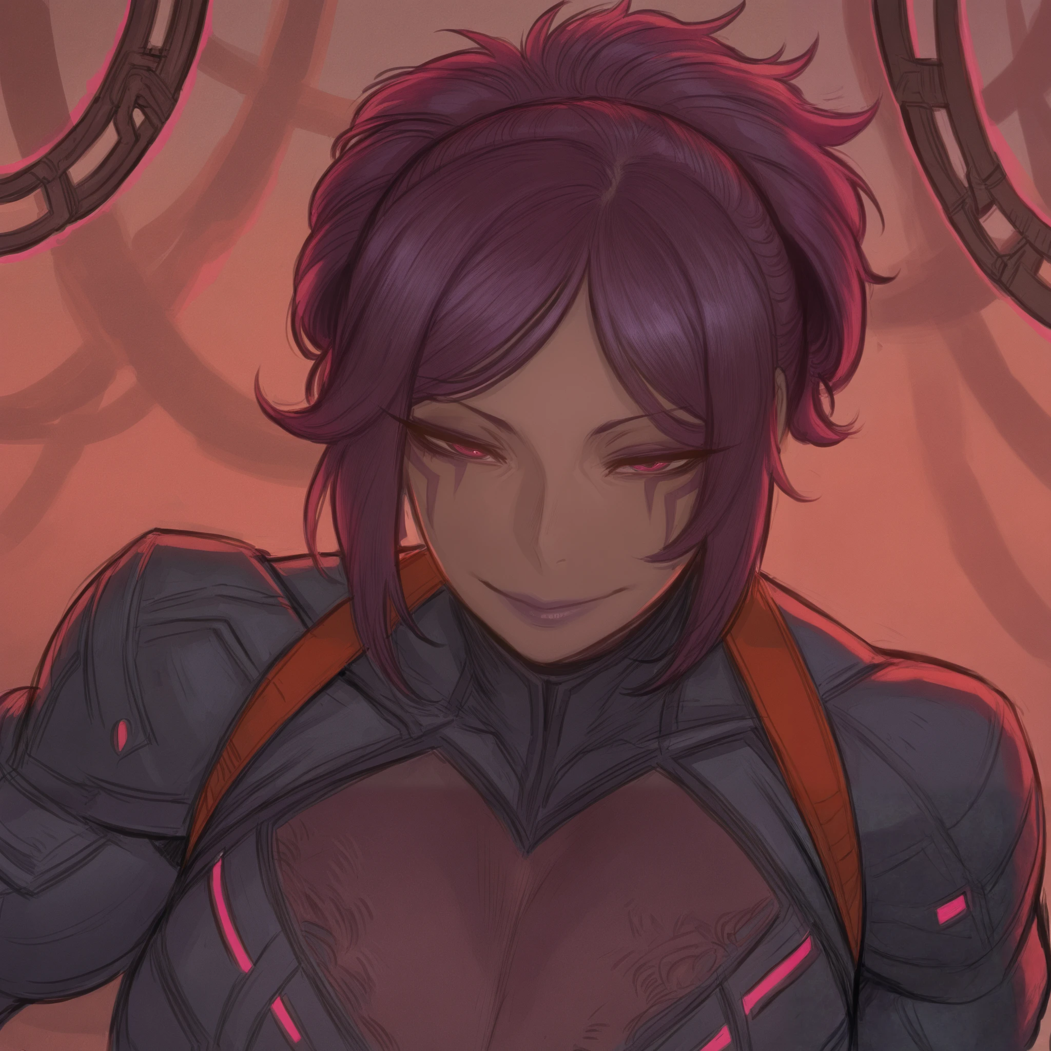 ratatatat74, score_5_up, score_4_up, 1girl, ((muscular body:1)), intricate, (eyeliner:1.2), bob hairstyle, purple hair, detailed background, (masterpiece, high quality:1), lustful smile, purple lipstick, (Incredibly Absurdres:1.2), (High Resolution:1.2), (High Quality:1.2), (Masterpiece:1.2), beautiful composition, cinematic lighting, extremely detailed, 8k, cinematic post processing, Maximum Facial Detail, Maximum Detailed Texture, Maximum Detailed Shadow, Maximum Detailed Background, character focus, depth of field, character focus, (add:more-detail:0.7)_(cinematic-lights:1.1)_(realistic lights and shadows:1)_(detailed light:0.9), Lightweight Ballistic Vest