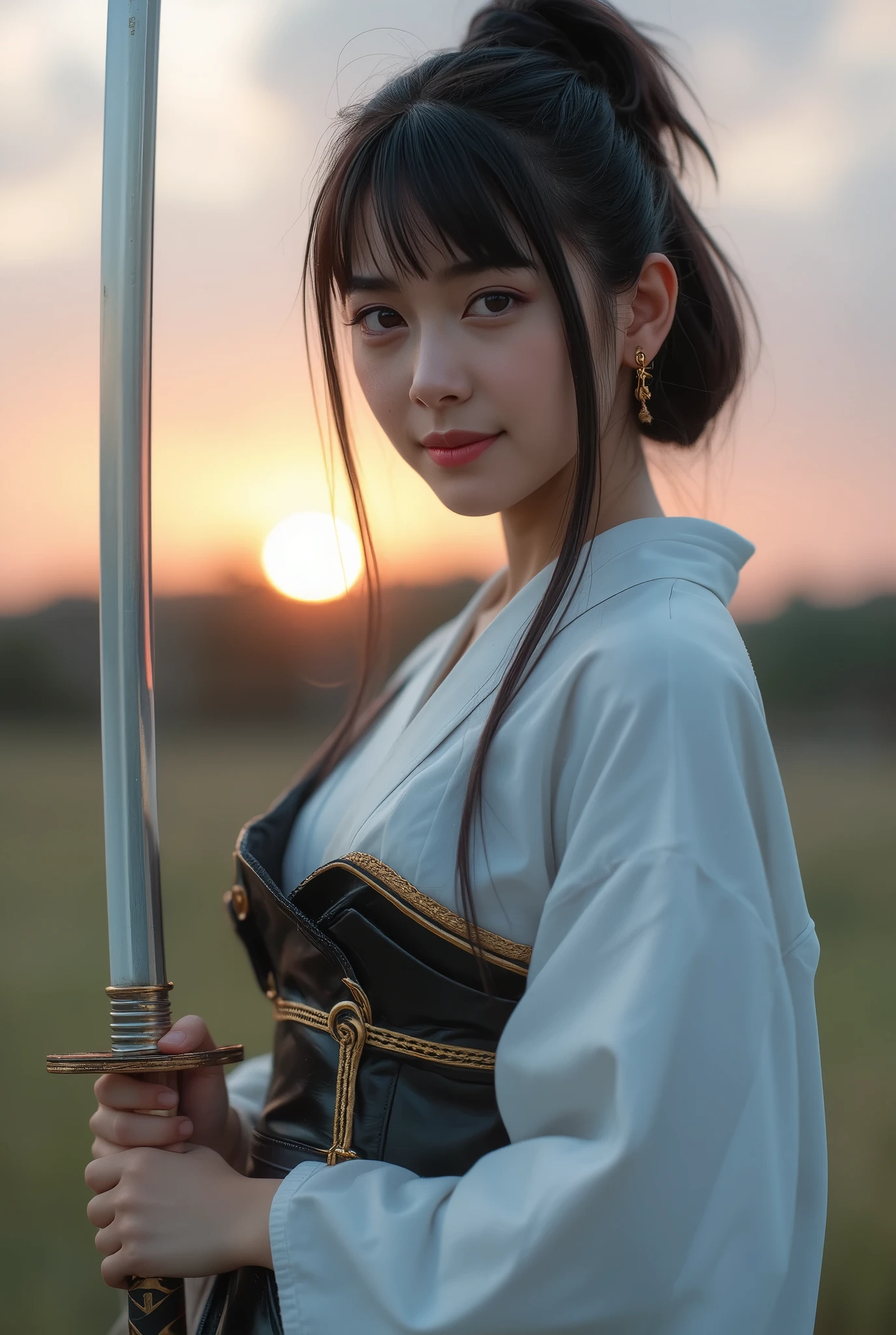 (Close up portrait of one slender small breasts two side up black medium hair with bangs girl in white kimono and an black colored armor warrior as samurai in Japan:1.5)、(One girl is point of a white-bladed sword on the grassland in Japan with small smile:1.3)、(Beautiful sunset red sky:1.5)、(blurred background:1.5)、(Natural light:1.5)、(8k ultra detailed master piece:1.5)、(perfect anatomy:1.5)、(Photorealistic stick:1.5)、(Raw photo:1.3)、(highest quality:1.5)、(High resolution:1.3)、(Delicate and beautiful perfect face:1.3)、(Delicate and beautiful eye air skin:1.3)、(Real Human Skin:1.3)、((thin legs))