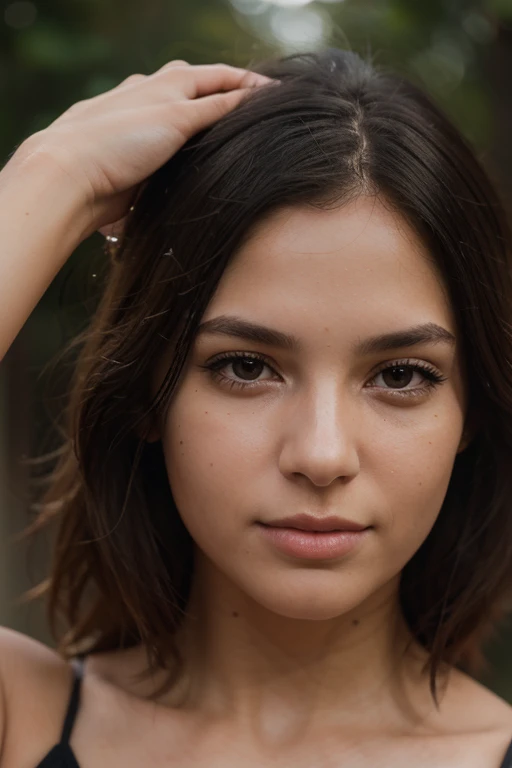 At night, RAW photo, (((extremely beautiful portrait))), ((glistening skin)), 1girl, 18 years old girl, ((natural brown hair)), [blue eyes], long hair, eyeliner, fluttering hair, vibrance, ((masterpiece, best quality, hyper detailed, Cinematic light, intricate details, highres, 8k, extremely detailed)), cleavage, detailed background, 8k uhd, dslr, soft lighting, high quality, film grain, Fujifilm XT3, shallow depth of field, natural light, (perfect hands), perfect face