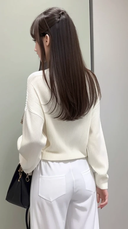 Japanese Beauty、Brown Hair、Voyeur、White sweater、mini skirt、Back view、hostel、Reflection in the mirror、Lower Angle、slouch、Flexion and extension、Ass、The outline of her underwear is visible under her skirt