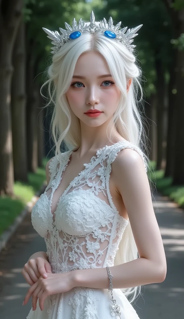 best quality, masterpiece, illustration, an extremely delicate and beautiful, extremely detailed ,CG ,unity ,8k wallpaper, Amazing, finely detail, masterpiece, best quality, extremely detailed CG unity 8k wallpaper, ultra-detailed, extremely detailed, extremely detailed eyes and face, beautiful detailed eyes, light on face, cinematic lighting, cute, detailed photo, masterpiece, best quality, wallpaper, ((beautiful face girl)), in deep forest, silver hair, photorealistic, small breaths, standing , full body shoot, Close distance, close mouth, little smile, Lace Fabric choker, Gorgeous Tiaras, blouse, ((puffy eyes)), long dress, soft focus , foggy, sunset