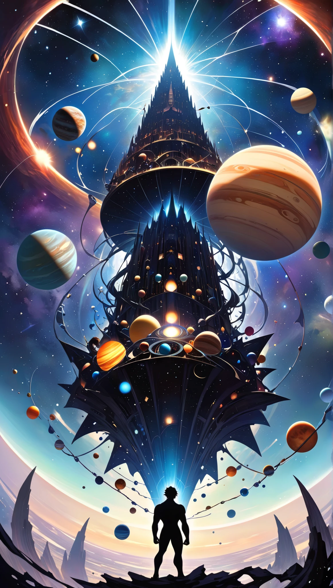 (Create a silhouette of a man standing staring at the viewer head tilted, his hair looks like it stands up going miles touching several planets in his solar system.) ((Use this description below))
The Towerman's Celestial Web:
The solar system known as the "Babel Cluster" is a chaotic tapestry of life, bound together by the enigmatic figure known as the Towerman. Little is known of this being, except that he is said to reside at the apex of a colossal, space-spanning structure known as the "Celestial Spire." This Spire, a towering monument of impossible geometry, pierces the heart of the Babel Cluster, its summit lost in the swirling nebulae.
The most unsettling aspect of The Towerman's existence is the pervasive belief that all planetary life within the cluster is interconnected via his "celestial hair." Whispers speak of invisible, ethereal strands that extend from the Spire, weaving through the cosmos and binding the very essence of each world. This connection is said to explain the strange, often grotesque, biological phenomena that manifest across the cluster.
