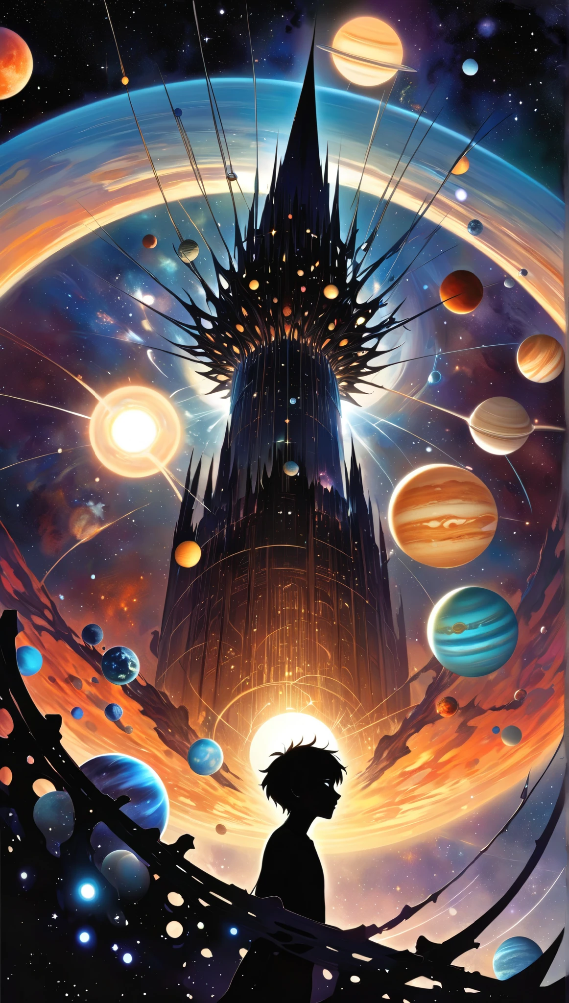 (Create a silhouette of a man standing staring at the viewer head tilted, his hair looks like it stands up going miles touching several planets in his solar system.) ((Use this description below))
The Towerman's Celestial Web:
The solar system known as the "Babel Cluster" is a chaotic tapestry of life, bound together by the enigmatic figure known as the Towerman. Little is known of this being, except that he is said to reside at the apex of a colossal, space-spanning structure known as the "Celestial Spire." This Spire, a towering monument of impossible geometry, pierces the heart of the Babel Cluster, its summit lost in the swirling nebulae.
The most unsettling aspect of The Towerman's existence is the pervasive belief that all planetary life within the cluster is interconnected via his "celestial hair." Whispers speak of invisible, ethereal strands that extend from the Spire, weaving through the cosmos and binding the very essence of each world. This connection is said to explain the strange, often grotesque, biological phenomena that manifest across the cluster.