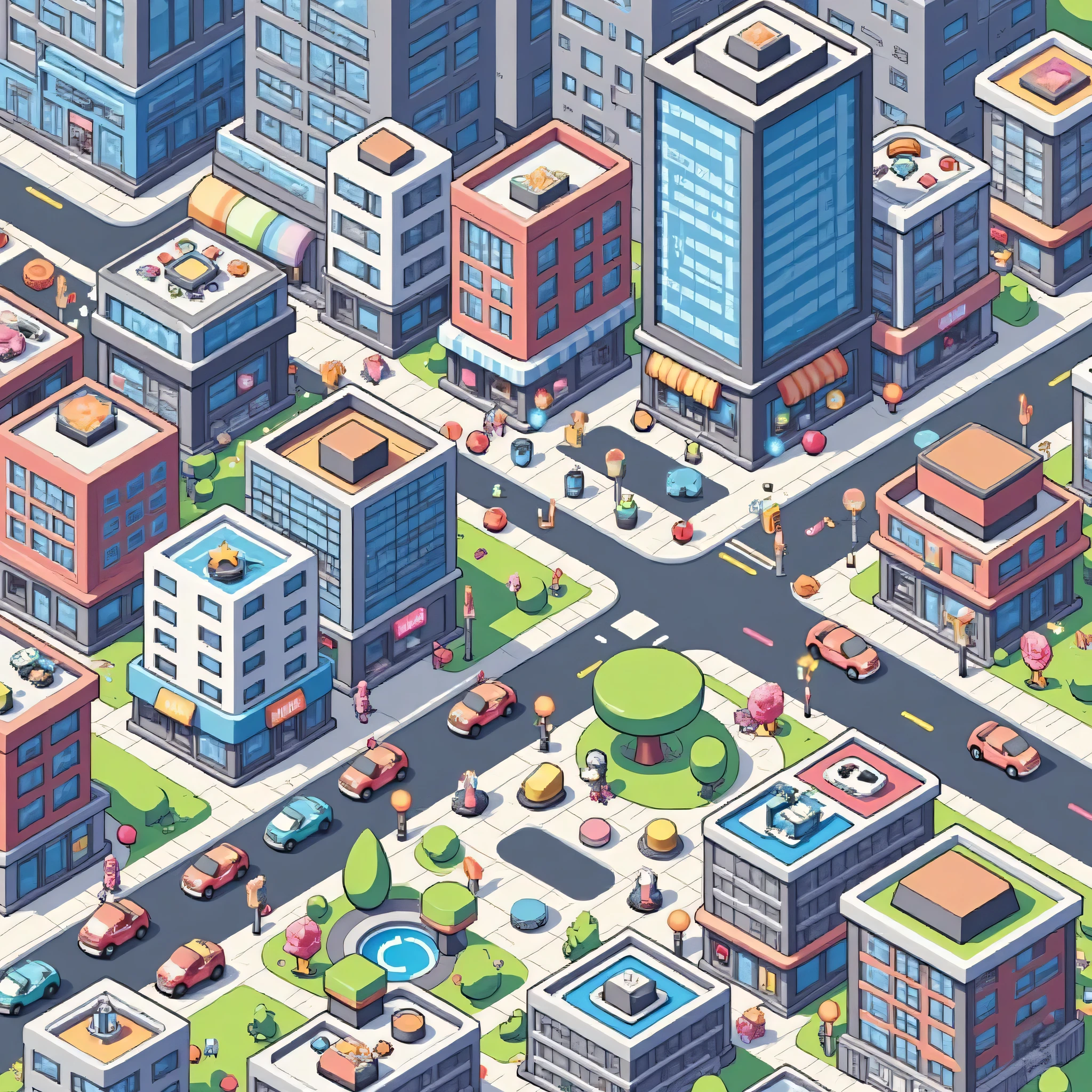 (ISOMETRY, top view), game location, улица  cityа, is a wide diagonal road,  city, high-rise buildings,  cars , cute, Miniature squares, clarity and high quality