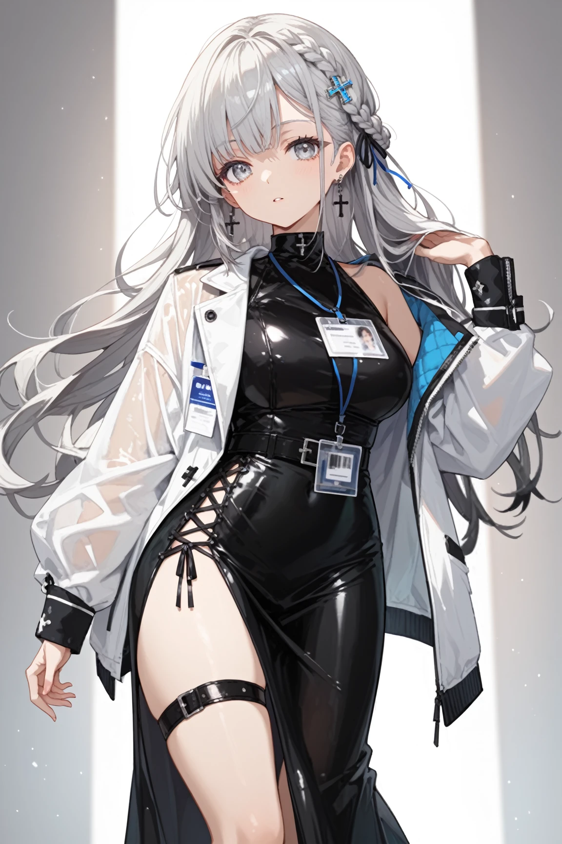 One woman,Silver Hair,Medium Hair,Curly Hair,blue eyes,Wearing a white coat,White shirt,Health Room,gentlemen,,Small ,Small breasts,,flat chest,clear,adult
