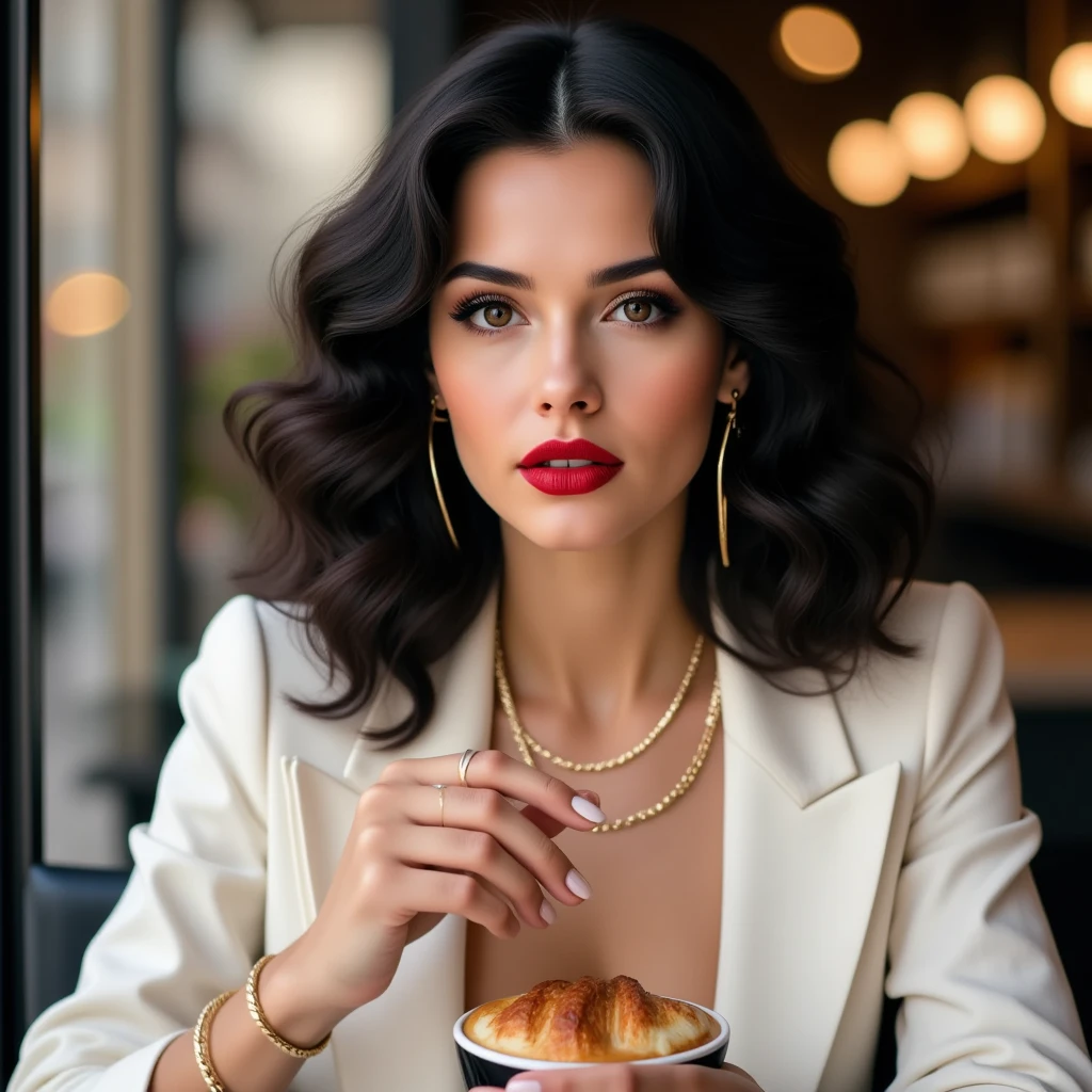 (realistic photo kodak image up to the waist, 20-year-old princess, British, black eyes, vibrant look, dark reddy brown short hair), suit, designer, black, brown, red details, ornaments, perfect face, critical camera, cafe background, warm light, more details in clothing, strong leftovers, mystery pose, Accurate, Best Quality, High Details, Large breasts, Parted Lips, Wide Shot, 