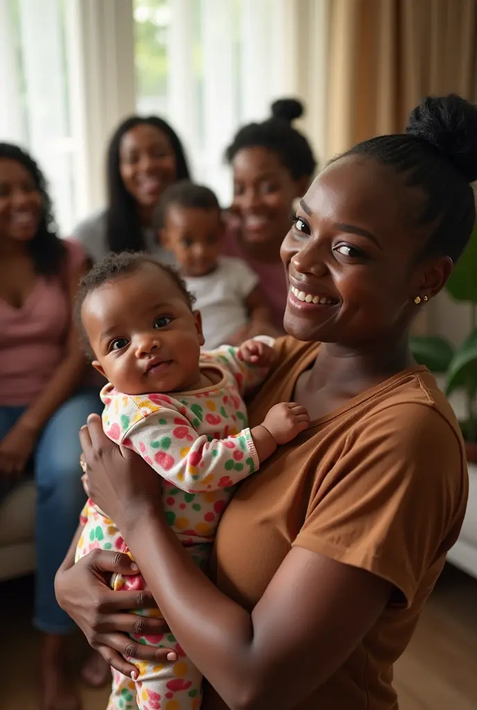Mom presenting the baby
Baby's colorful clothes
People with light brown skin tone
