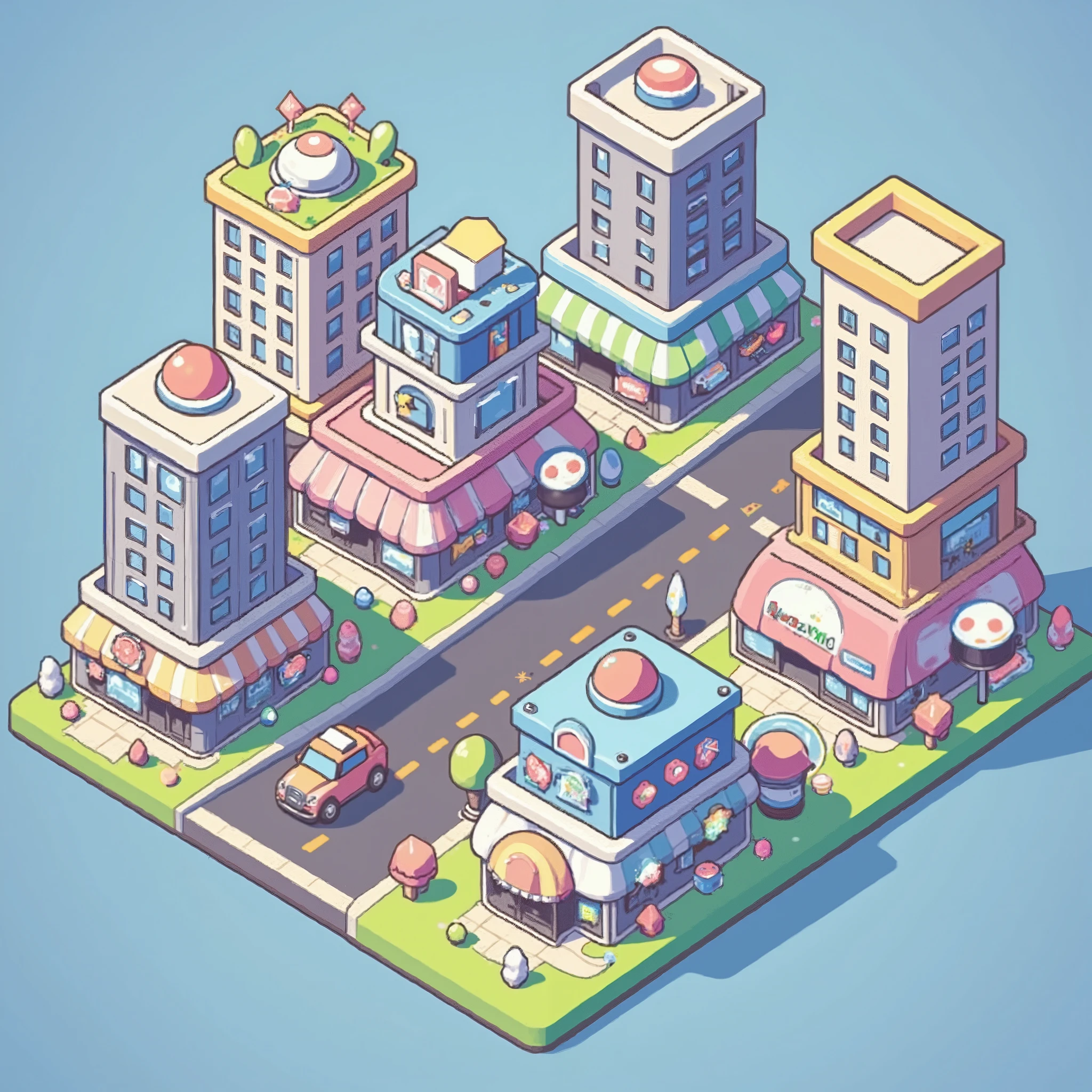 (ISOMETRY, top view), game location, city street, is a wide diagonal road, icon for mobile game, cute, Miniature squares, clarity and high quality