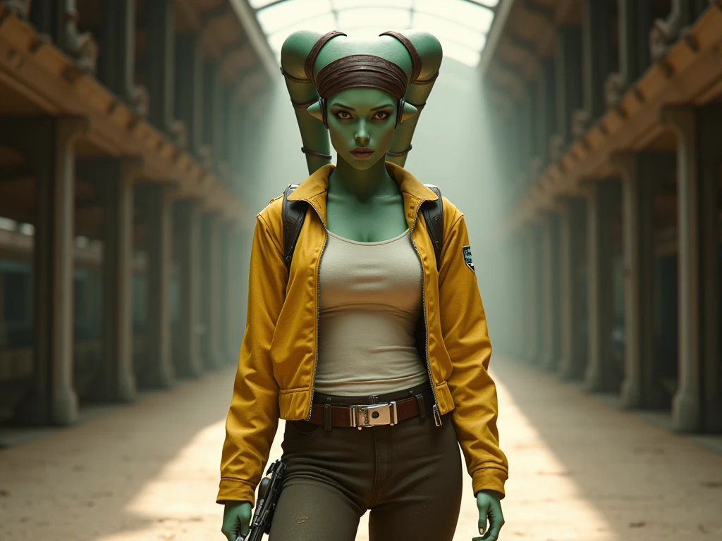 Female Twi'lek wearing Star Wars mechanic costume, dirty pants, yellow jacket with white t-shirt and some grease, green skin, ground focus, detailed face, elegant, sunlight, futuristic, standing holding a wrench, in an empty ship hangar, soft light, depth of field, cinematic
