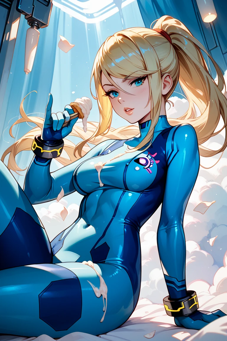 Zero suit samus blowing her nose into a tissue