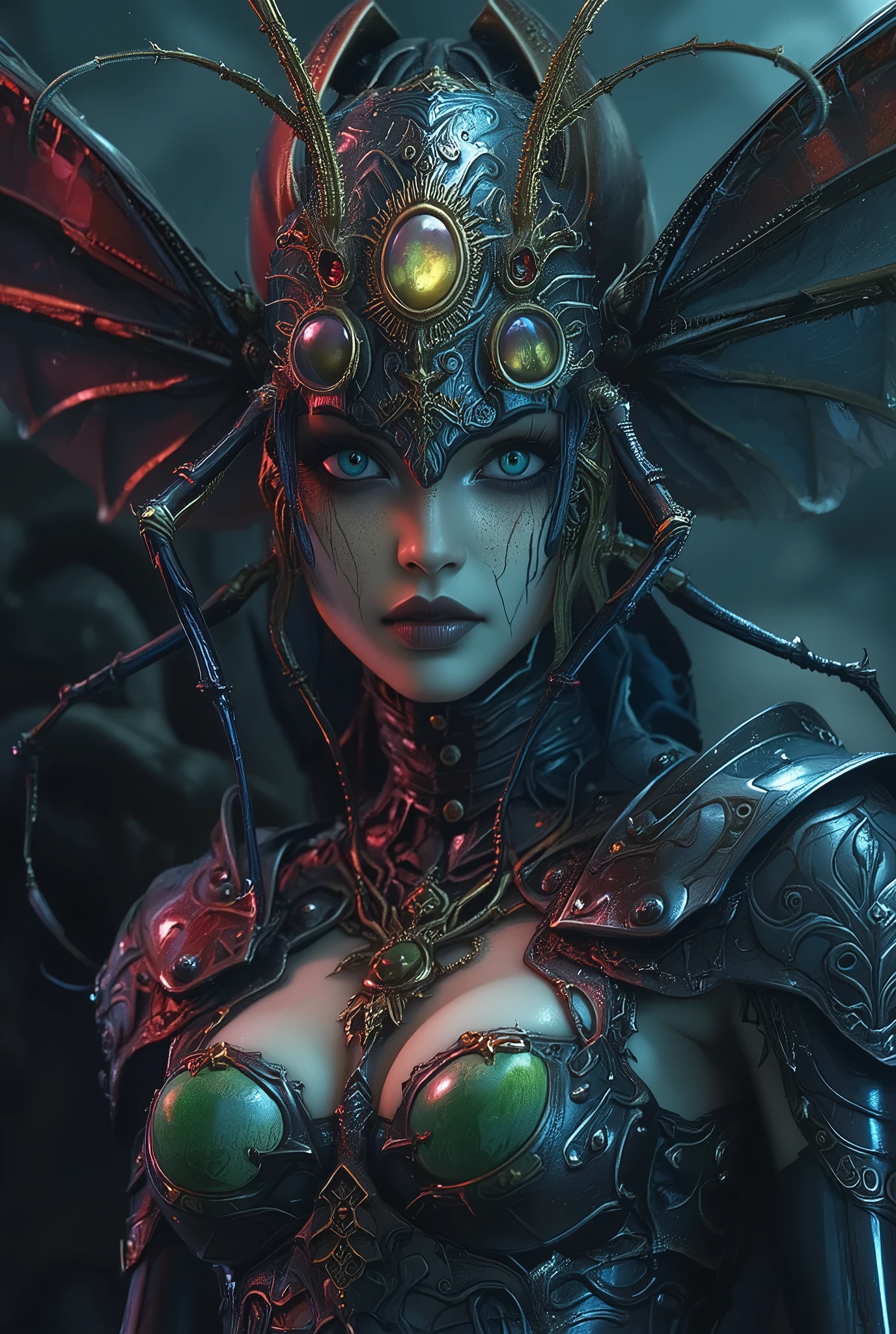 gothic art, lightand shade contrast, Standing painting, estimate, holland angle, emphasis lines, tmasterpiece, acurate, Anatomically correct, A high resolution, Best quality at best, super detailing, Award-Awarded,D14bl0 style scorpion queen((Beautiful woman emerges from spider's body,revealing upper body)),skorpman,monster design,k-suwabe-pm,Bigchest,Bare chest,plumw,Queen Van,beautiful woman face,Pale skin,Epic war fantasy digital art,(greg rutkovsky:0.8), (cyan and orange:0.4),