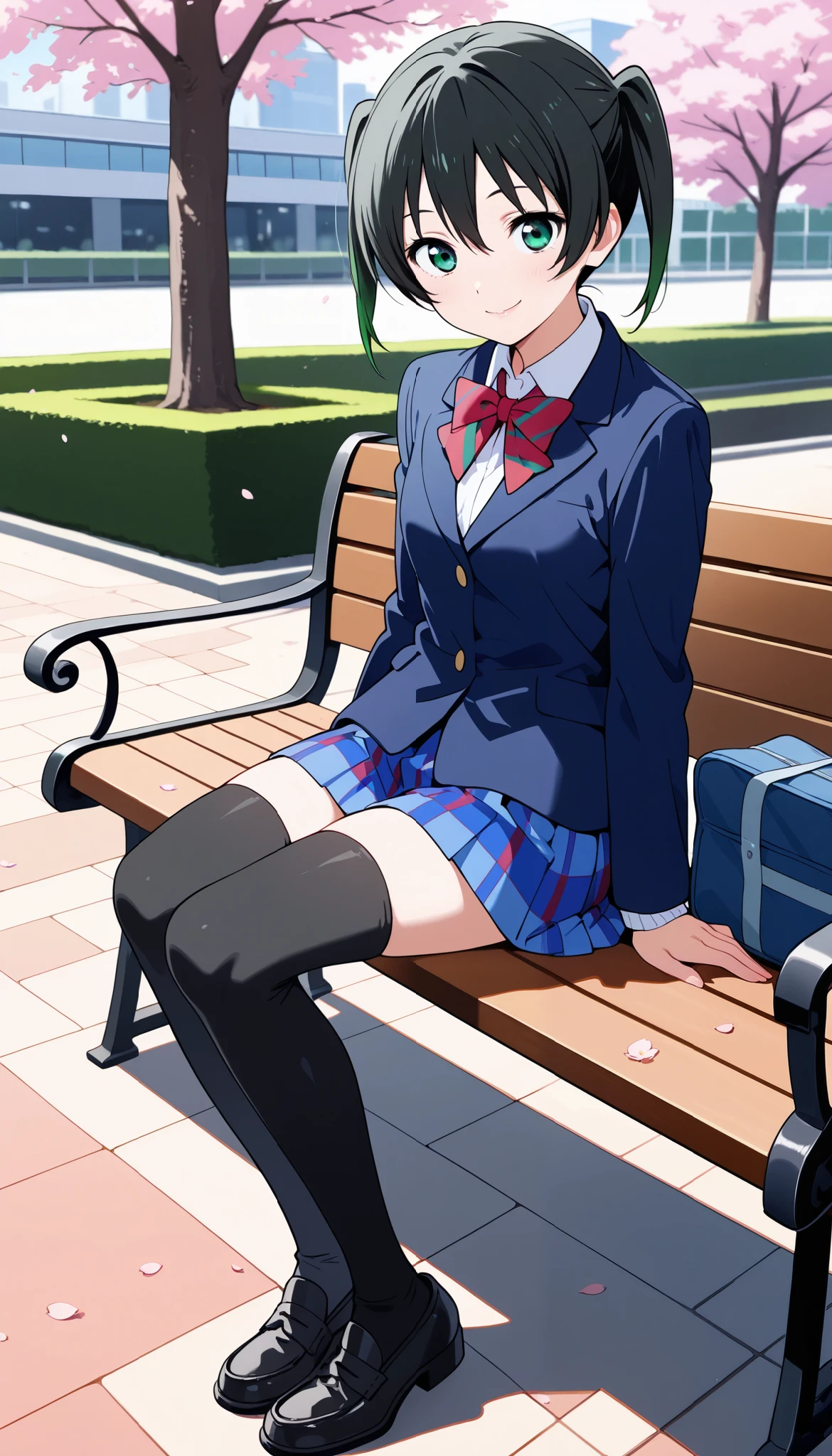 score_9,score_8_up,score_7_up,score_6_up, masterpiece, best quality, 1girl, solo,
takasaki yuu, small breasts, BREAK,
otonokizaka high school uniform, winter uniform, red striped bow tie, navy blue blazer, blue striped skirt, black thighhighs,loafers,closed mouth, glossy lips ,sitting on bench ,from front ,cherry blossoms park,smile