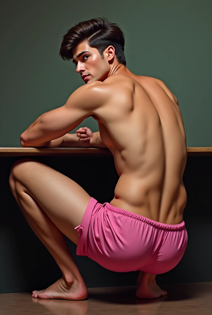 Japanese men、、Short but well-trained muscles and smooth skin、Sporty short hair、A friendly, healthy smile、A pose that gives a childish impression、Colorful boxer shorts made of thin fabric like a thong、Sitting with legs apart in the bathroom