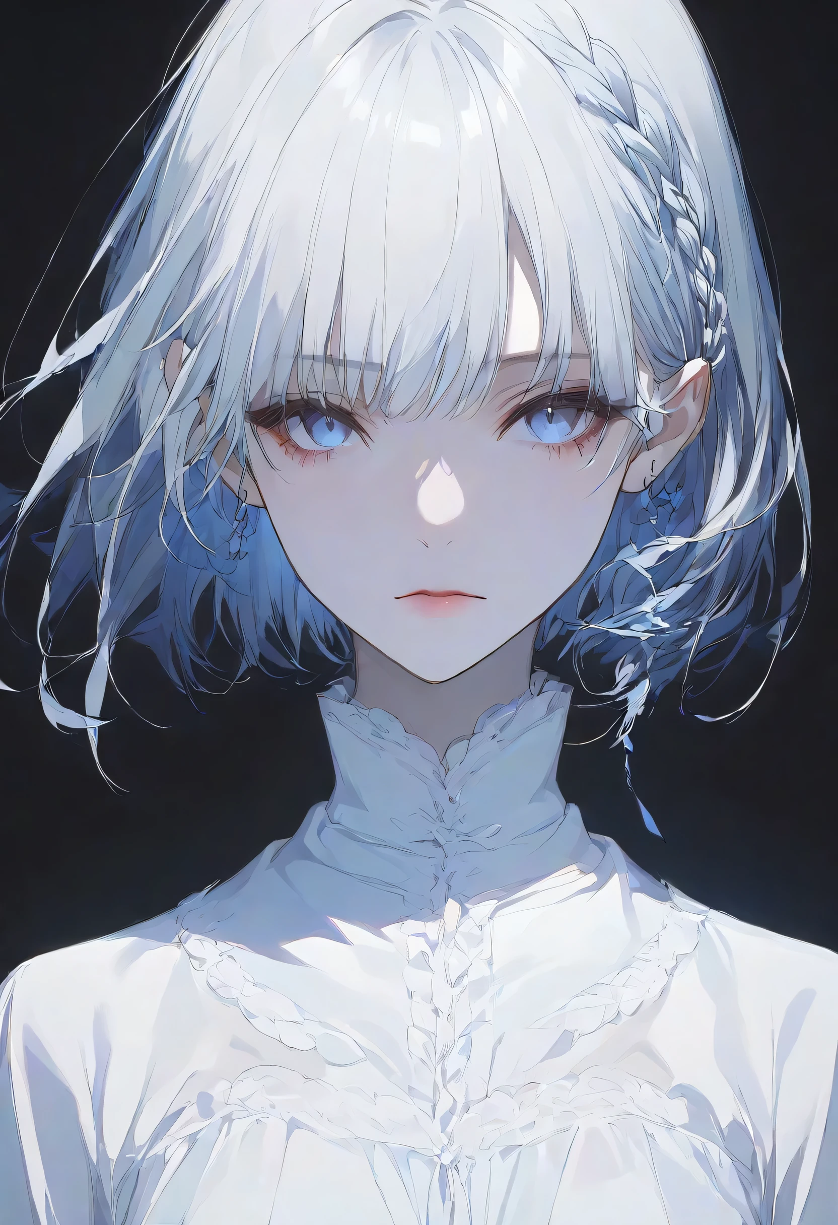 真夜中,negative,beta,straight hair,short hair, blue 瞳, braid, grey hair,solo,black background,大きな目,