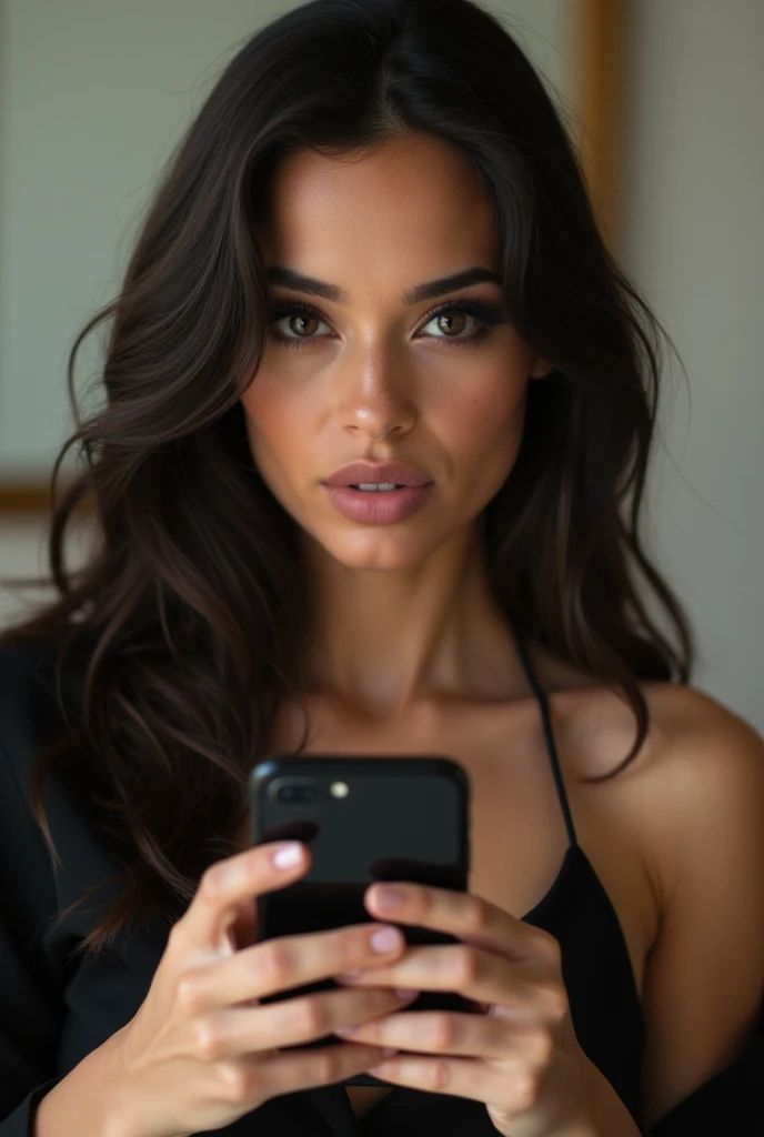 photo sexy brune naturelle et réaliste pour chauffer un homme, sexting, selfie avec portable devant le miroir, serviette blanche qui tombe et les tétons pointus