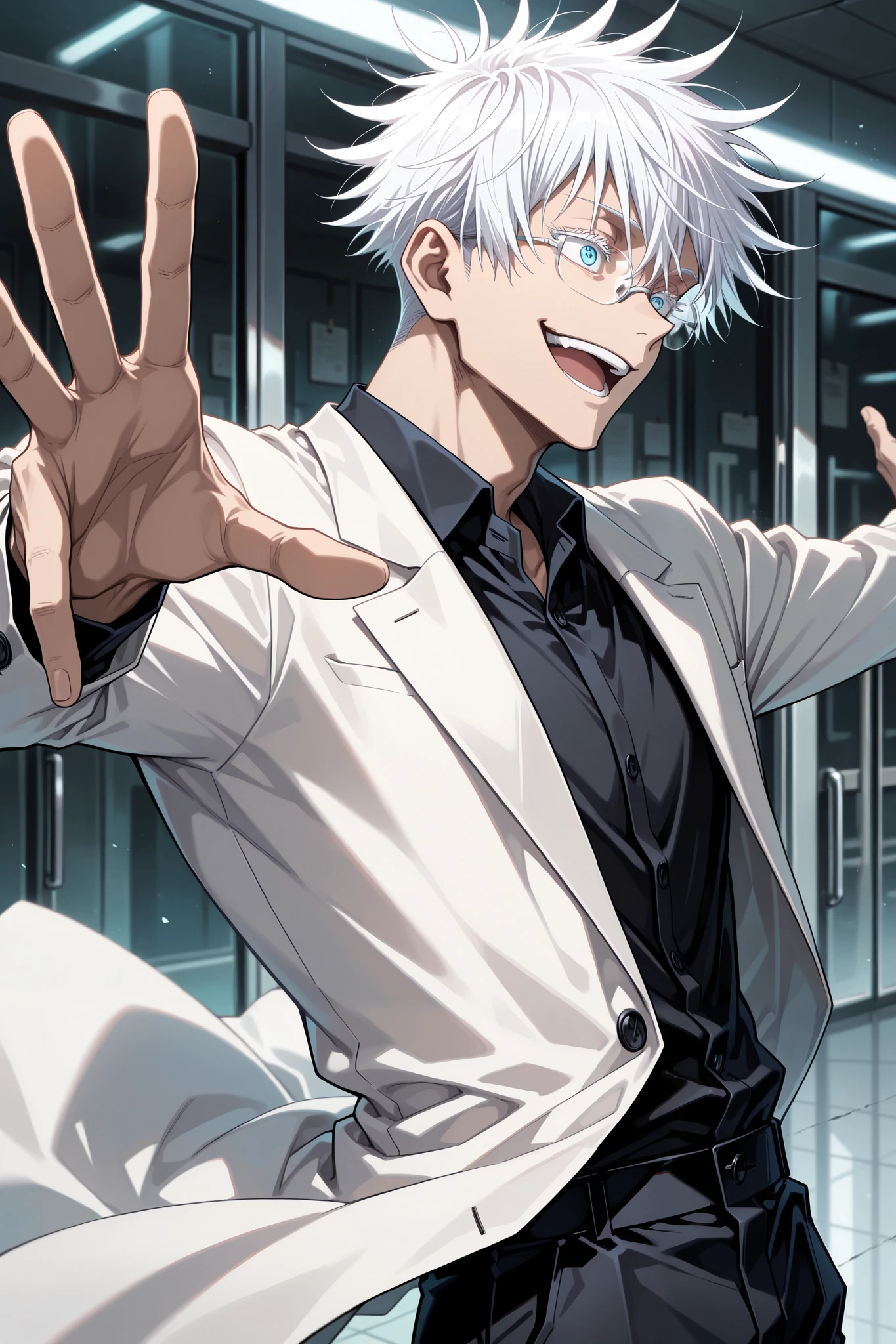 (Masterpiece, best quality), amazing quality, very aesthetic, absurd, high definition, latest, perfect anatomy, perfect hands, HDR, 8K, intrinsic light, anime reference, anime coloring, anime screen capture of jujutsu kaisen, dynamic, from front, cowboy shot, 1man, solo, male focus, gojo satoru /(jujustu kaisen/), detailed eyes, blue eyes, white hair, short hair, white undercut, detailed eyelashes, white eyelashes, sexy man, handsome, glasses, professor, scientist, professors coat, long white coat, black tshirt, black pants, outstretched arms, crazy smile, open mouth, crazy face, In a mysterious crazy fantasy laboratory, Crazy professor, crazy smile, side view, looking at the object