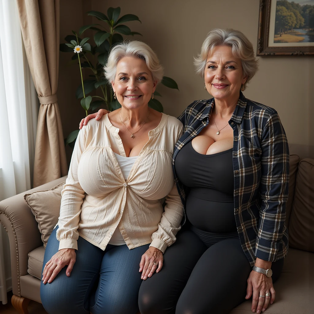 80 year old mature woman with gray hair, plus size, old face and body with many wrinkles, smiling, loose skin, standing in the bedroom posing for a photo, she is wearing transparent black lingerie and a low-cut blouse. jaw-dropping older mature beauty, old face and body with wrinkles, legs are visible, old face, attractive granny, a beautiful old hair, beautiful old granny, adorable older mature granny, beautiful beautiful granny over 80 years old, beautiful grandma with silver hair, beautiful detailed body and face, a beautiful grandma, dogs in the yard, in the room