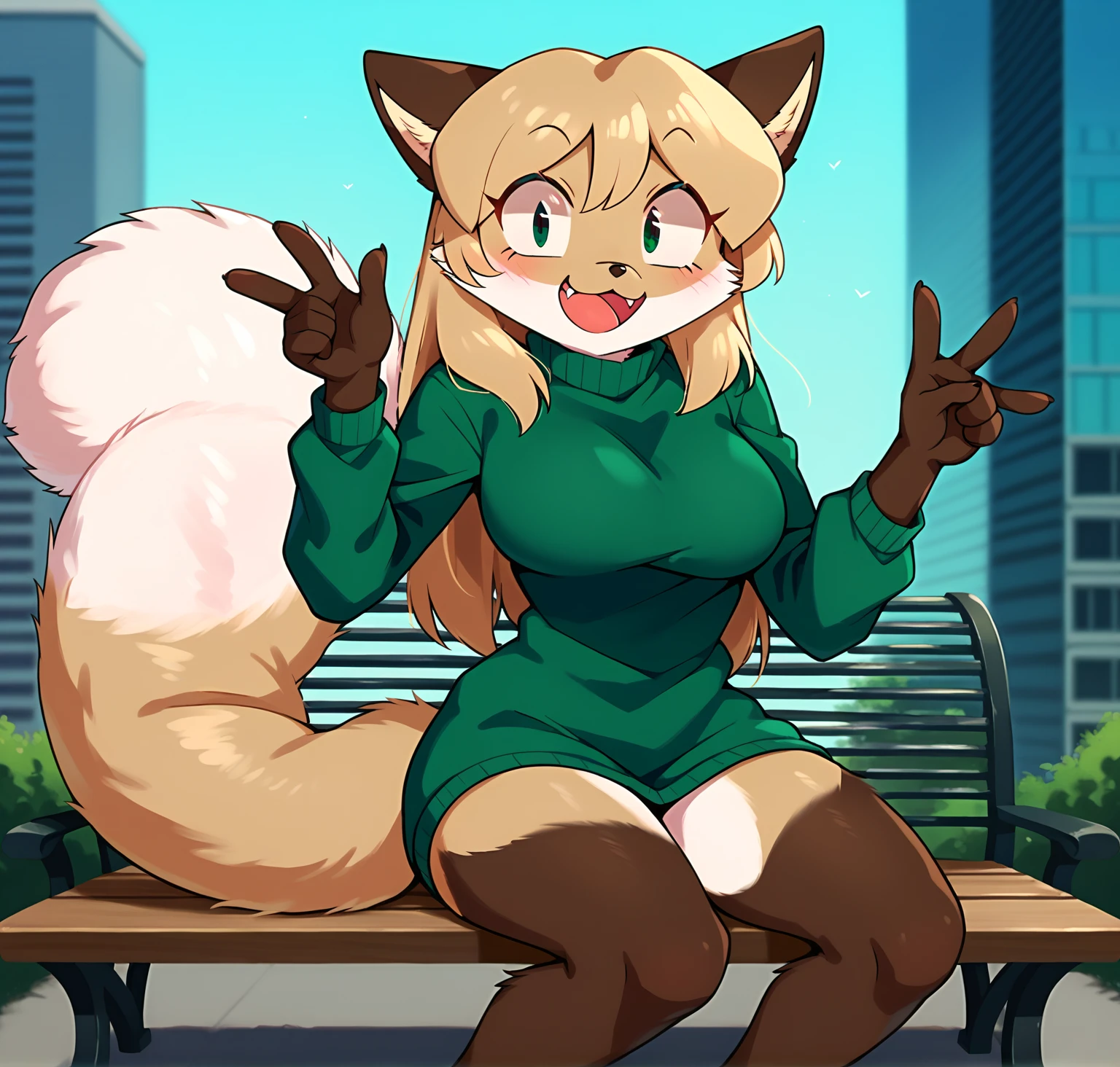 uploaded the e621, beautiful and detailed, woman (((female))) ((anthro)) Fox, (Averi, Fox girl), cinematic lighting, Fox, (anthro, fluffy fur), anthro fox girl, body fur, curvy, sexy, nice, cute, hot, comfortable anime-style cartoon-style, digital drawing, SFW, flat chest, chest fluff, nervous smiling, green eyes, sassy, sassy hips, smug, fangs, in a park, wet fur, green sweater