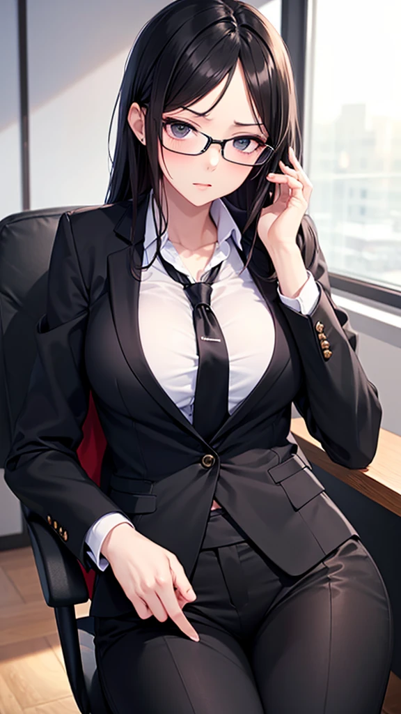juri han,evil smile, work of art, tight white secretary shirt with black tie, black high waist skirt, short skirt, black hair, black tights, evil smile, office, bangs in the eyes, lighting, hair horn, vision of up, looking up, evil smile, sitting on an office chair, legs crossed