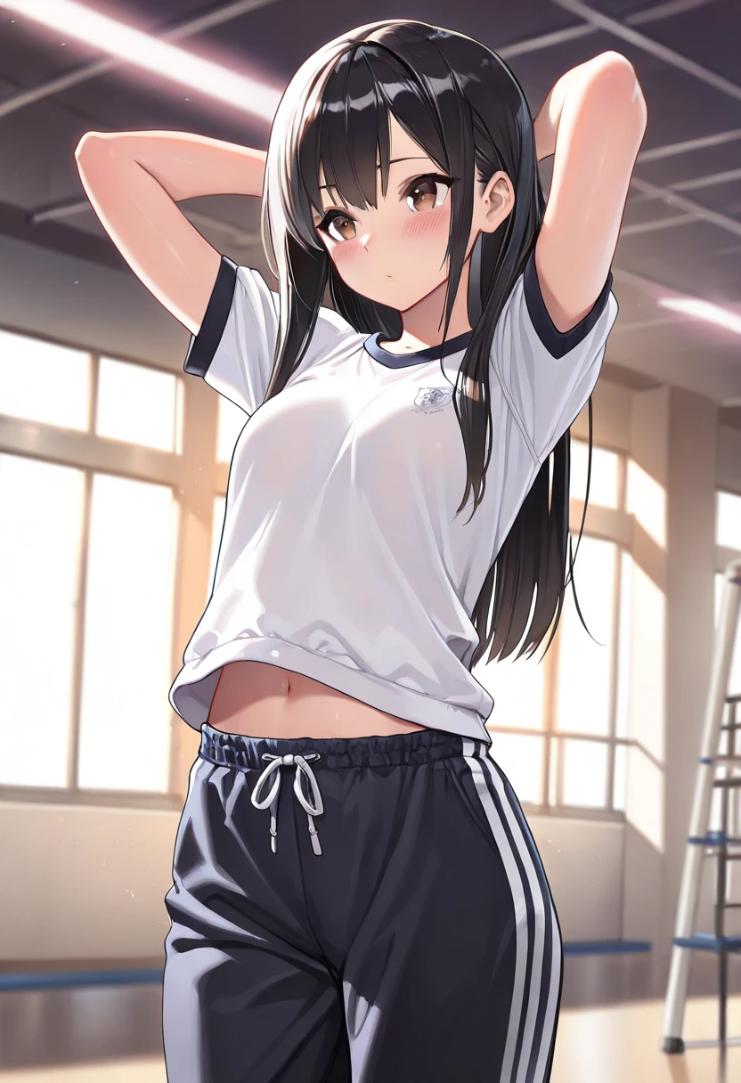An exhibitionist woman takes off her long-sleeved jersey in the gym storage room, blush