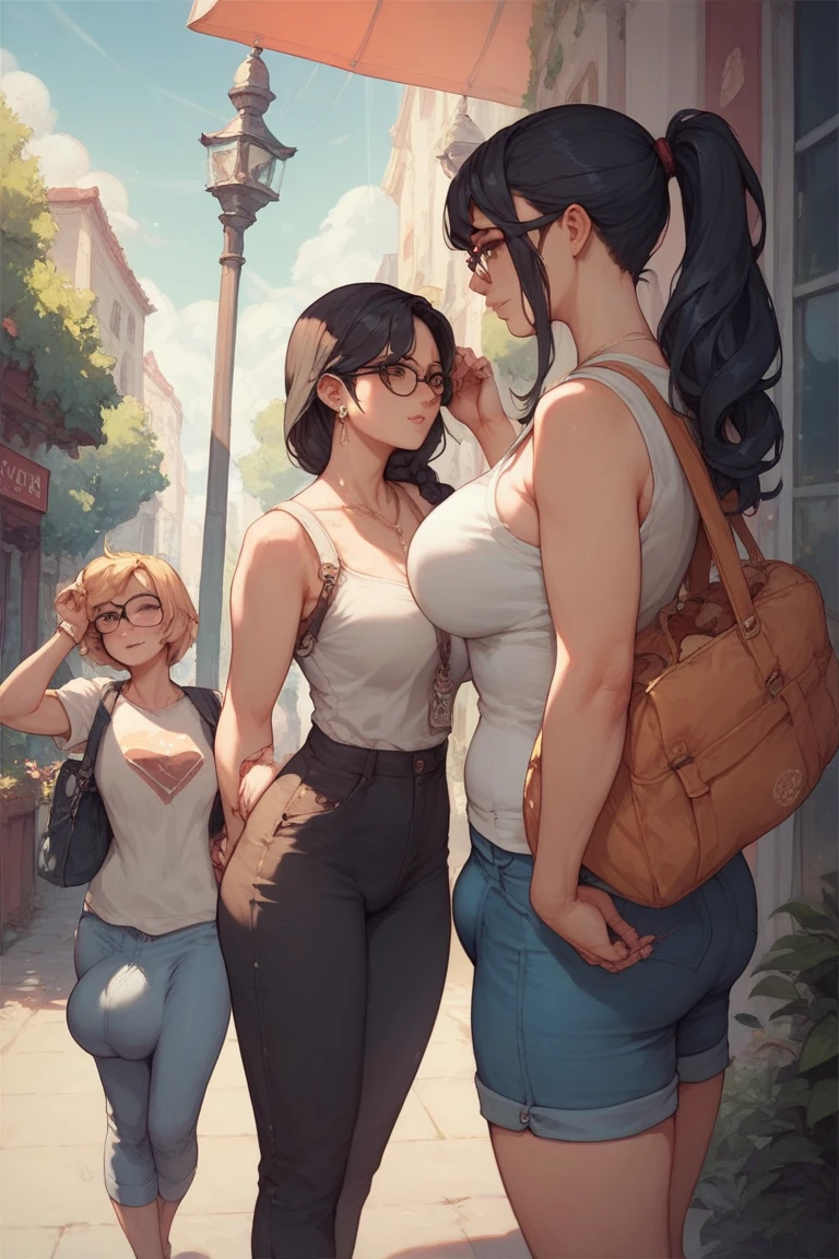 expressiveH, score_9, score_8_up, score_7_up, score_6_up, source_anime, masterpiece, best quality, ultra-detailed, higres, from behind, 1boy, 1girl, mature female, mother and son, kid, male, loving expression, mommy, older female, dress tank top, wearing clothes, large butt, wide hips, curvy, slim legs, full body, close shot, accurate describe shapes, dramatic lighting, outdoors