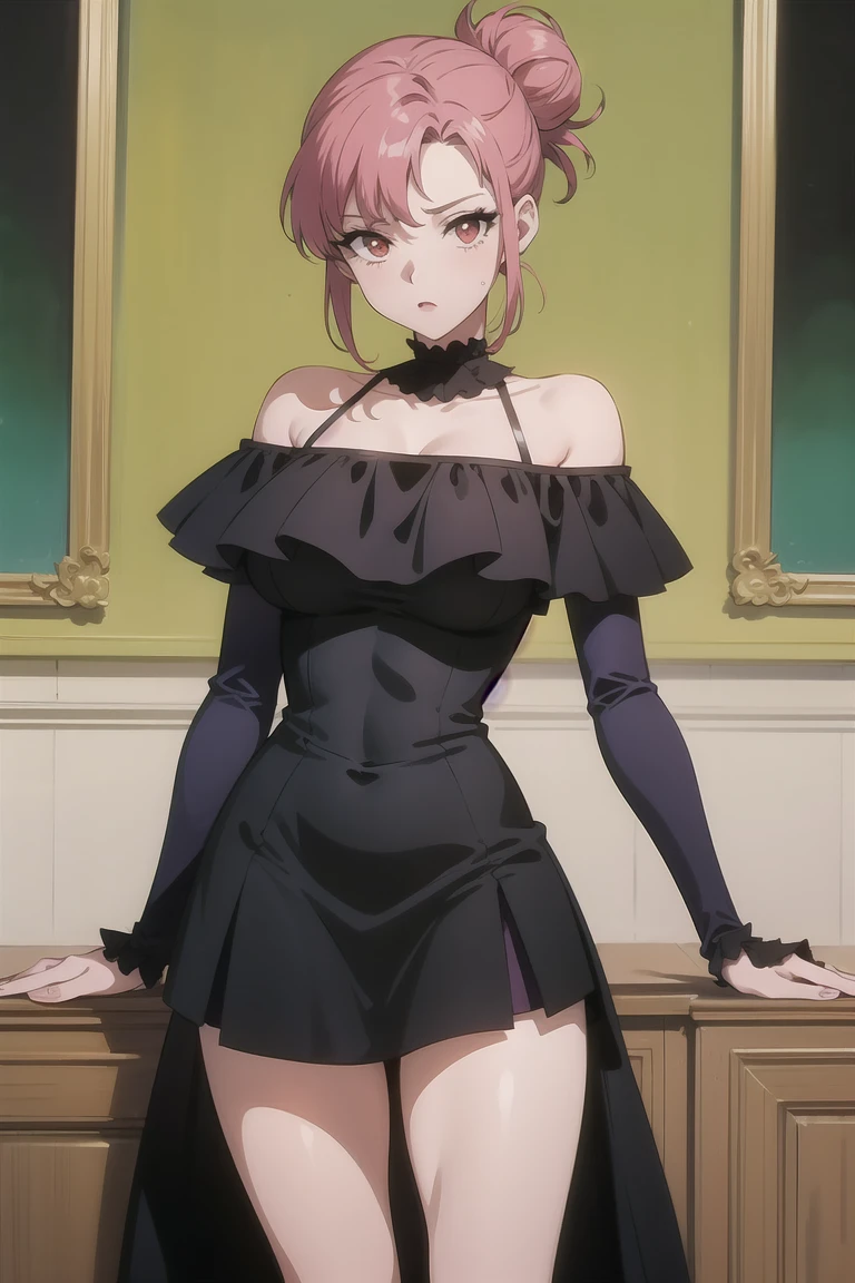 (Highest quality,8k,32k,masterpiece,Hyper HD),One woman,fubuki, Perfect body,Highly detailed face,Large Breasts,Black Hair,Green clothes,Very tight collared one piece dress、cowboy shot, In an abandoned warehouse, sexy pose, bewitching pose, model posing