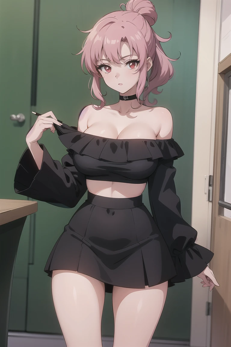 (masterpiece:1.2, best quality), 1girl, solo, undercut hair, colored hair, pink eyes, head accessory, intricate coat, bra, black thighhighs, combat boots, red dress, room, sexy