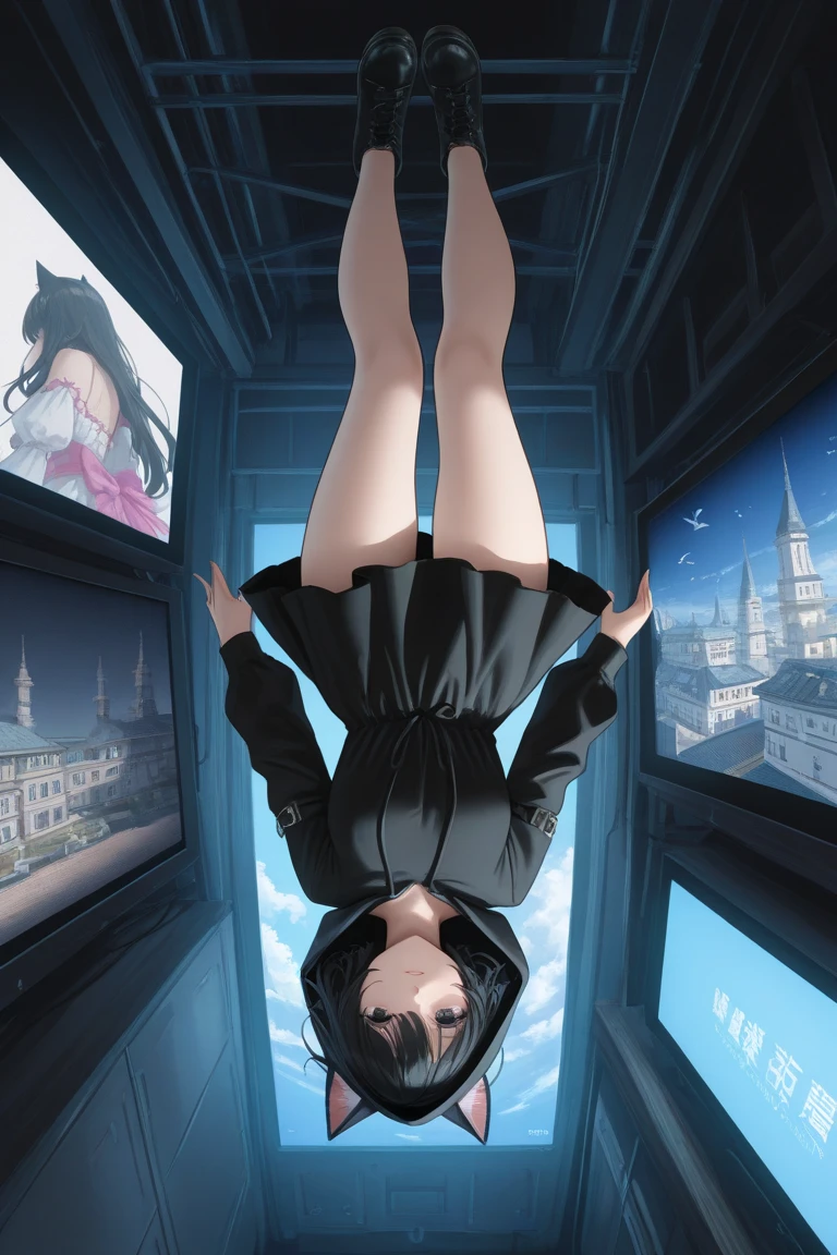 with short black hair,blue color eyes,black lence stockings,Translucent lingerie,Large exaggerated breasts,Bare belly,In the heart of a miniature city,There are collapsed buildings,full bodyesbian,long leges