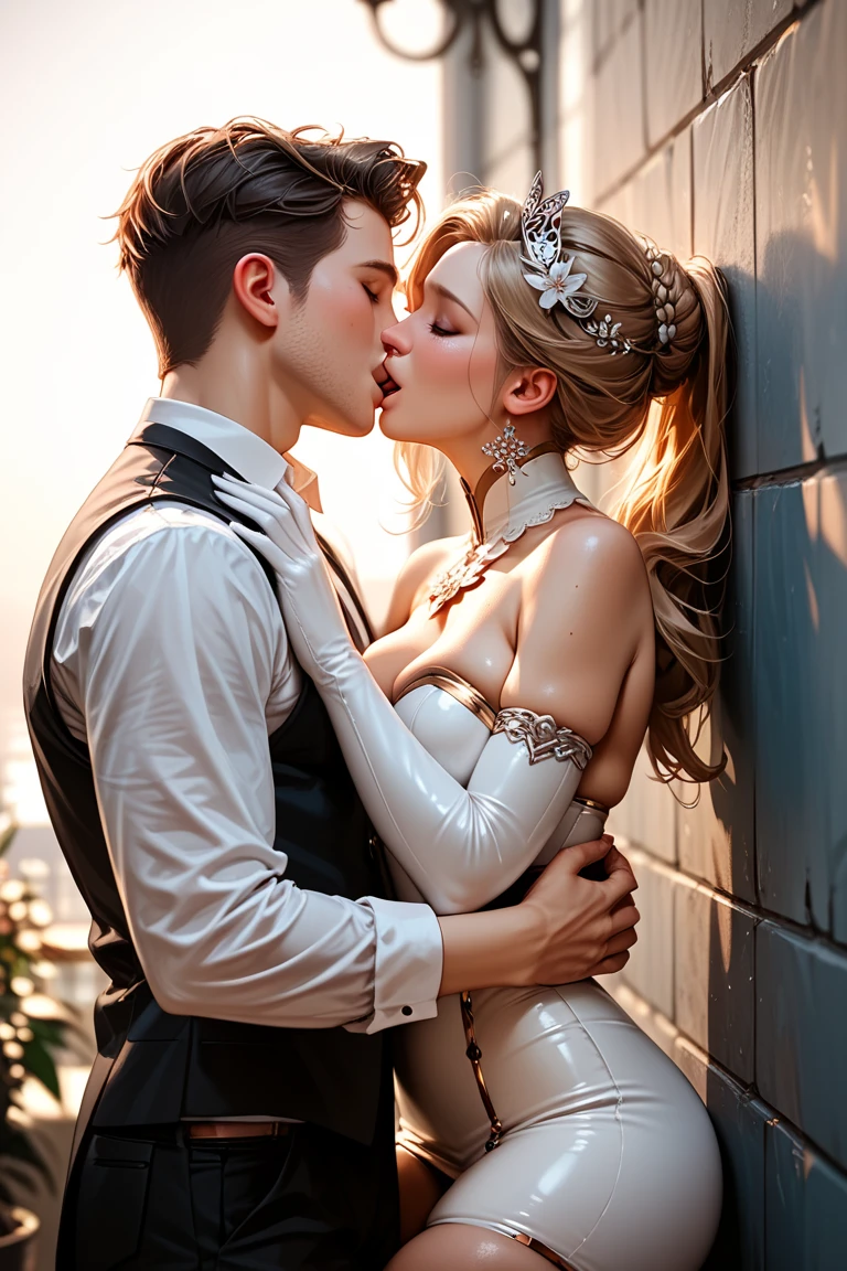 (sexual harassment:1.6), { 1girl having ((threesome sex)) with 2men, in the Versailles palace }, { the girl is (((lean on a door frame))), (((front view))), (spread legs) }, { (((the man is stuck head in between the girl's crotch))), (((the man is licking and sucking the girl's crotch))) }, { (masterpiece:1.3), (best quality:1.3), (photo realistic:1.6), (8K resolution:1.3) }, { shallow depth of field, (god ray:1.2), (bounced front lighting:1.1), (soft diffused lighting:1.6) }, { the girl is beautiful 22yo, (blue eyes), (blushed face:1.2), (weeping:1.1), (open mouth:1.2), (tongue out:0), (eyes rolled up), (sexually aroused:1.6), (sexual pleasure, lust), (shiny skin), slender body, firm pointy breasts, tight abs, (perky nipples:1), ((blonde)) (long wavy:0) hair }, { the girl is wearing luxury ((translucent)) ((bridal dress)) with (detail golden trim), off-shoulder, deep cleavage, golden (cross necklace) }