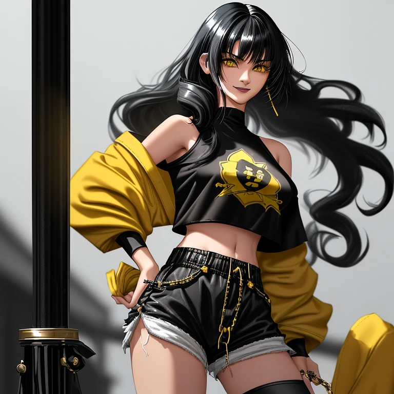Personagem de free fire, moko pele parda, com saia preta e meia preta, blusa amarela com asas amarela, bota branca, long black hair japanese style, olhos na cor rosa e mascara azul com preta